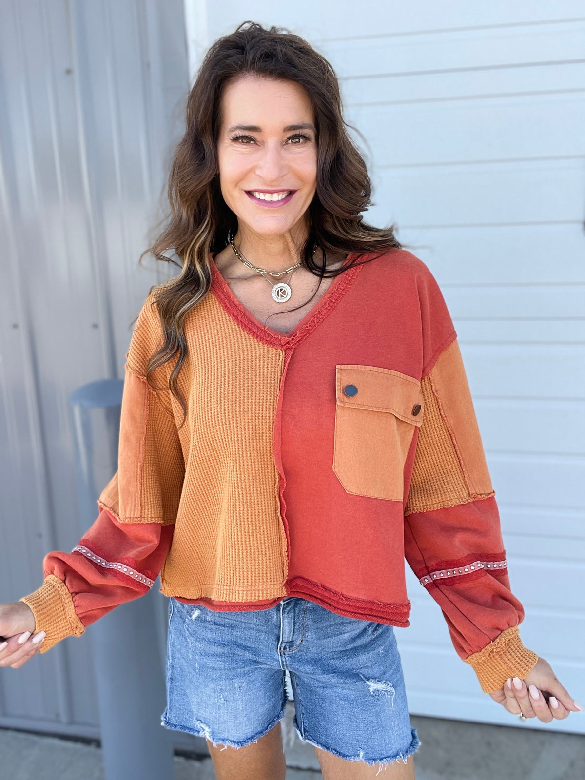Pol Imaginary Friends Lace Trim Knit Top In Harvest Orange *Final Sale*