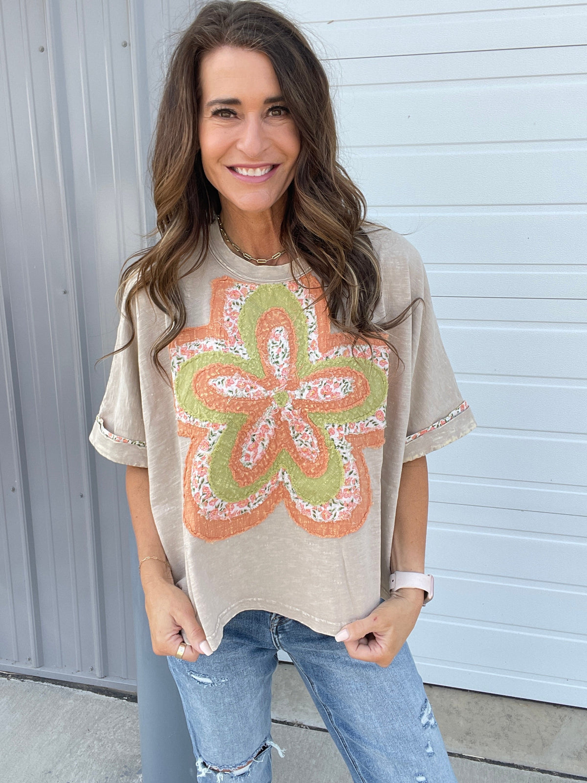 Bloom With Love Flower Patch Top In 6 Colors: Cream, Khaki, Slate, Magenta, Green, Pink *Final Sale*