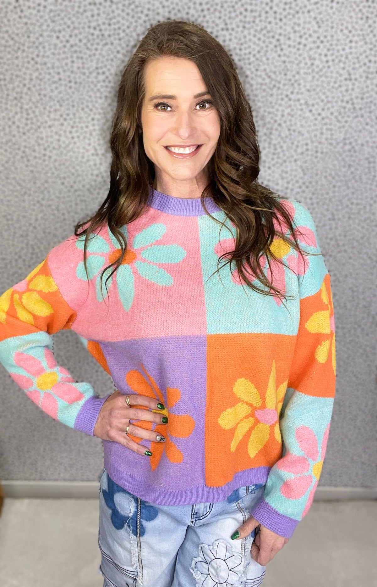 Happy Girl Flower Color Block Sweater In 3 Colors *Final Sale*