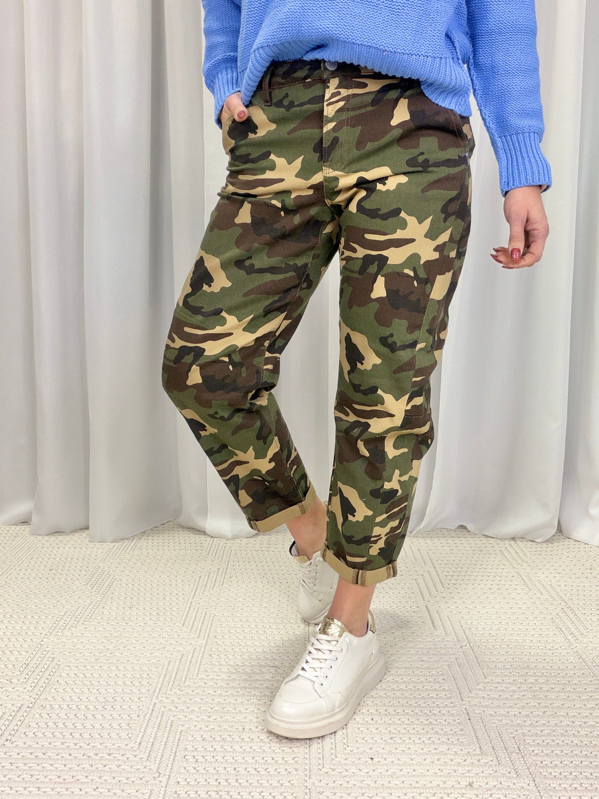 Risen Brinley Camo High Rise Ankle Barrel Double Roll Up Jeans