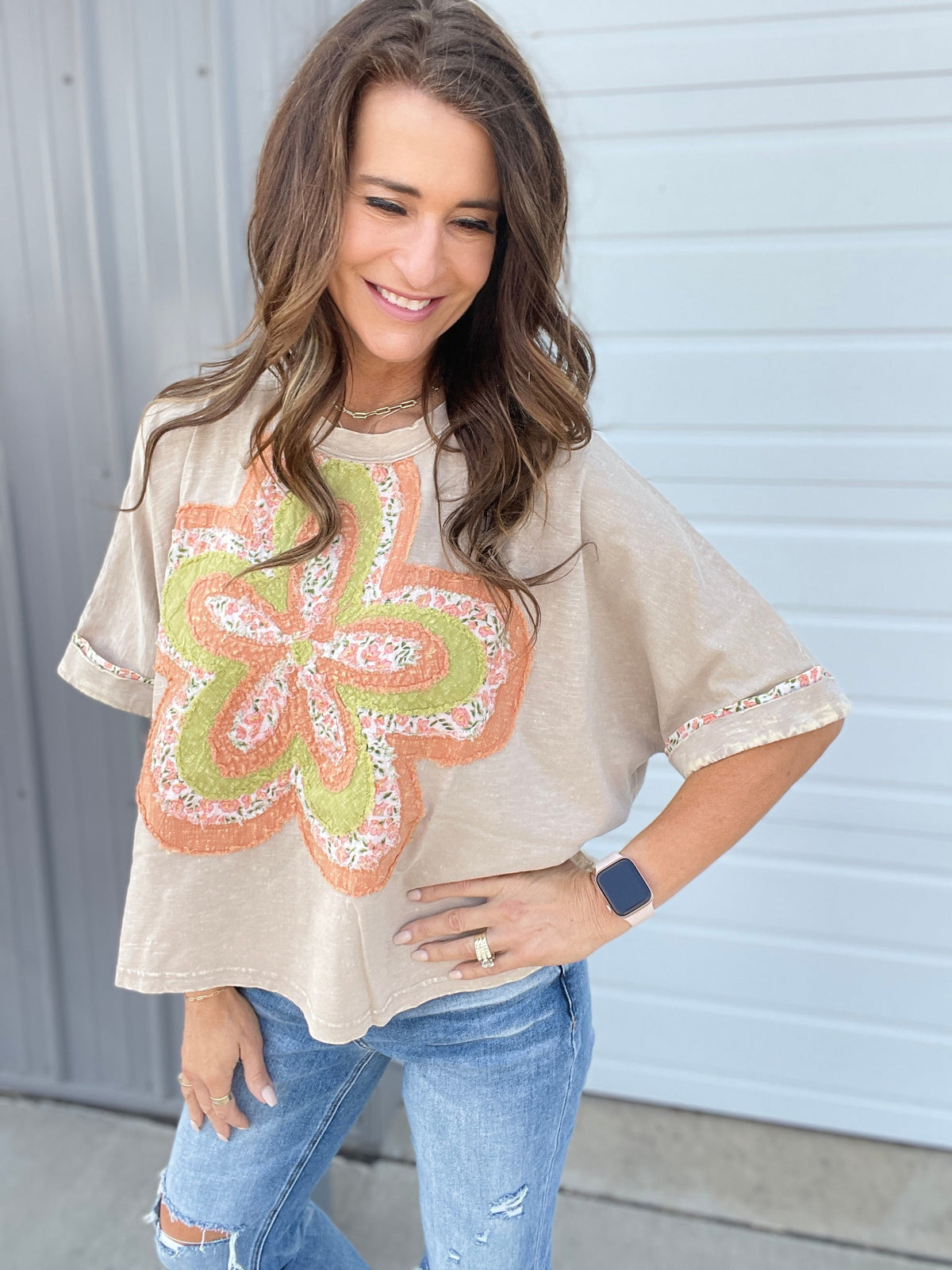 Bloom With Love Flower Patch Top In 6 Colors: Cream, Khaki, Slate, Magenta, Green, Pink *Final Sale*