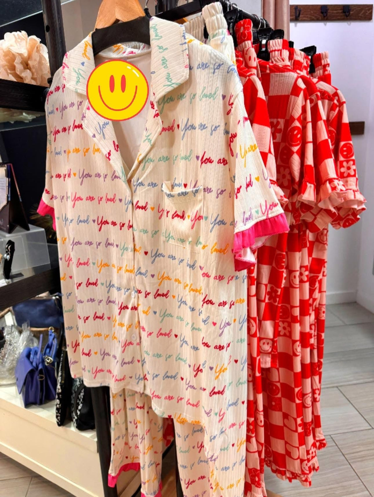 Lounging Around Button Front Short Sleeve Two Piece Pajamas With Built In Bra And Panties *Final Sale*