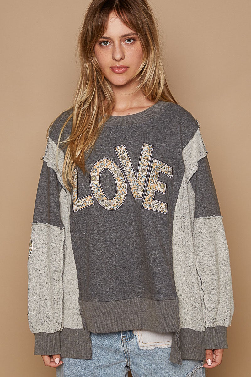 POL Endless Love Long Sleeve Knit Crewneck Love Patch Top In 2 Colors: Cream, Grey *Final Sale*