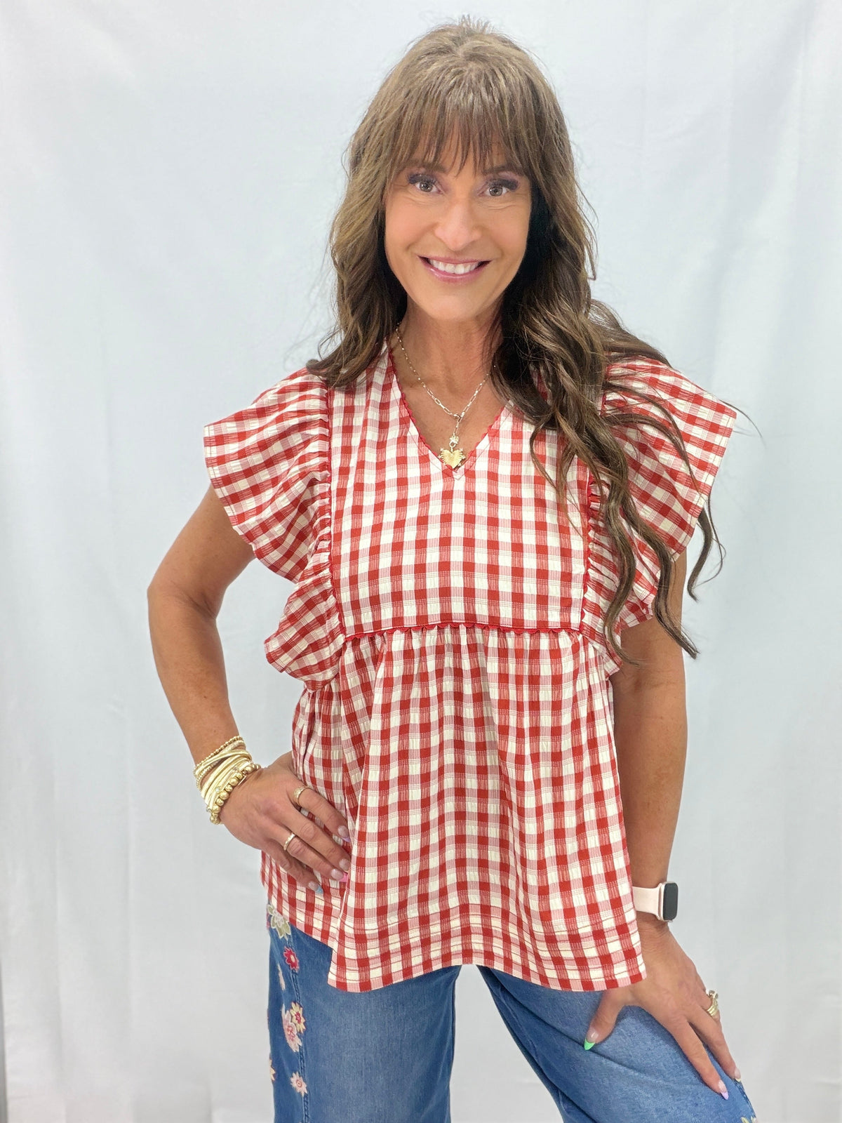 Find The Clues Gingham Babydoll Top In Red