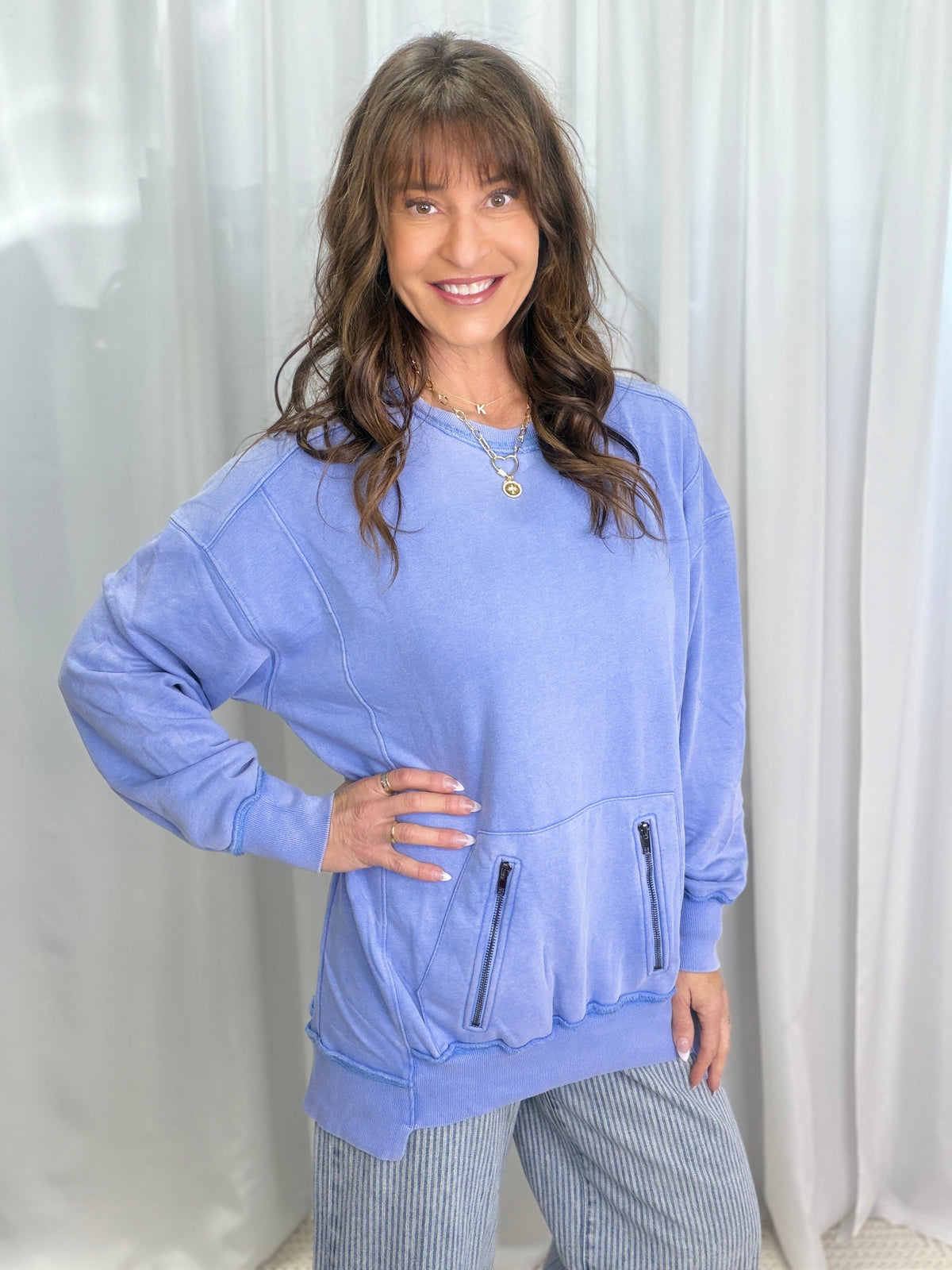 Washed Zipper Pocket Crewneck In 2 Colors