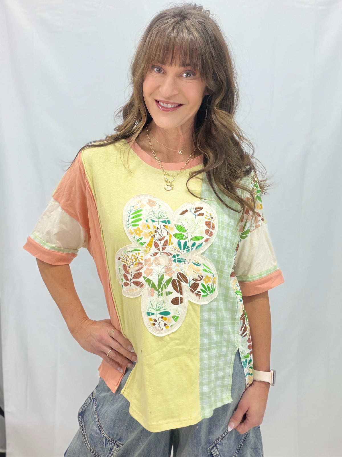 Patchwork Dream Flower Patch Soft Washed Cotton Slub Top In 4 Colors