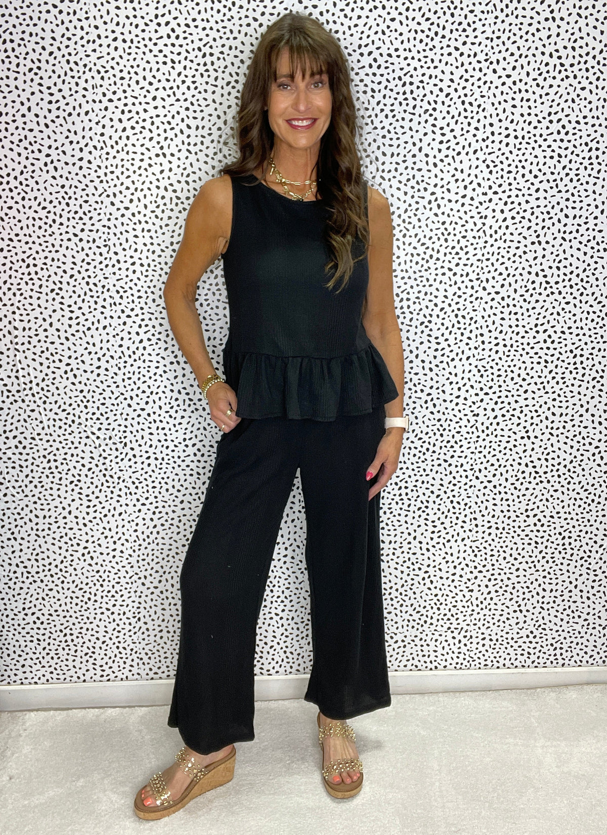 Gracie P Black Solid Color Ribbed Ruffle Tank Top and Pants Set *Final Sale*