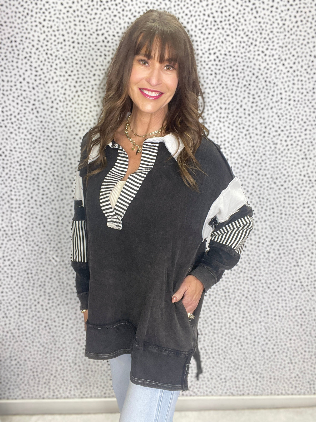 Cherished Dreams Washed Multi Fabric Collar T-Shirt In Black *Final Sale*