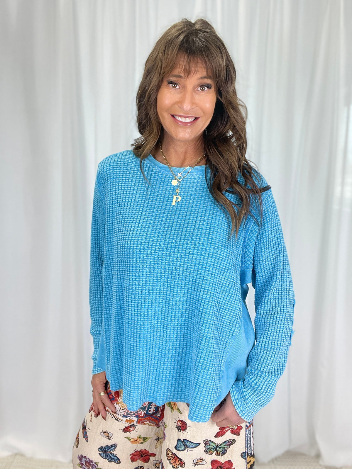 Easy Days Waffle Knit Top In Blue