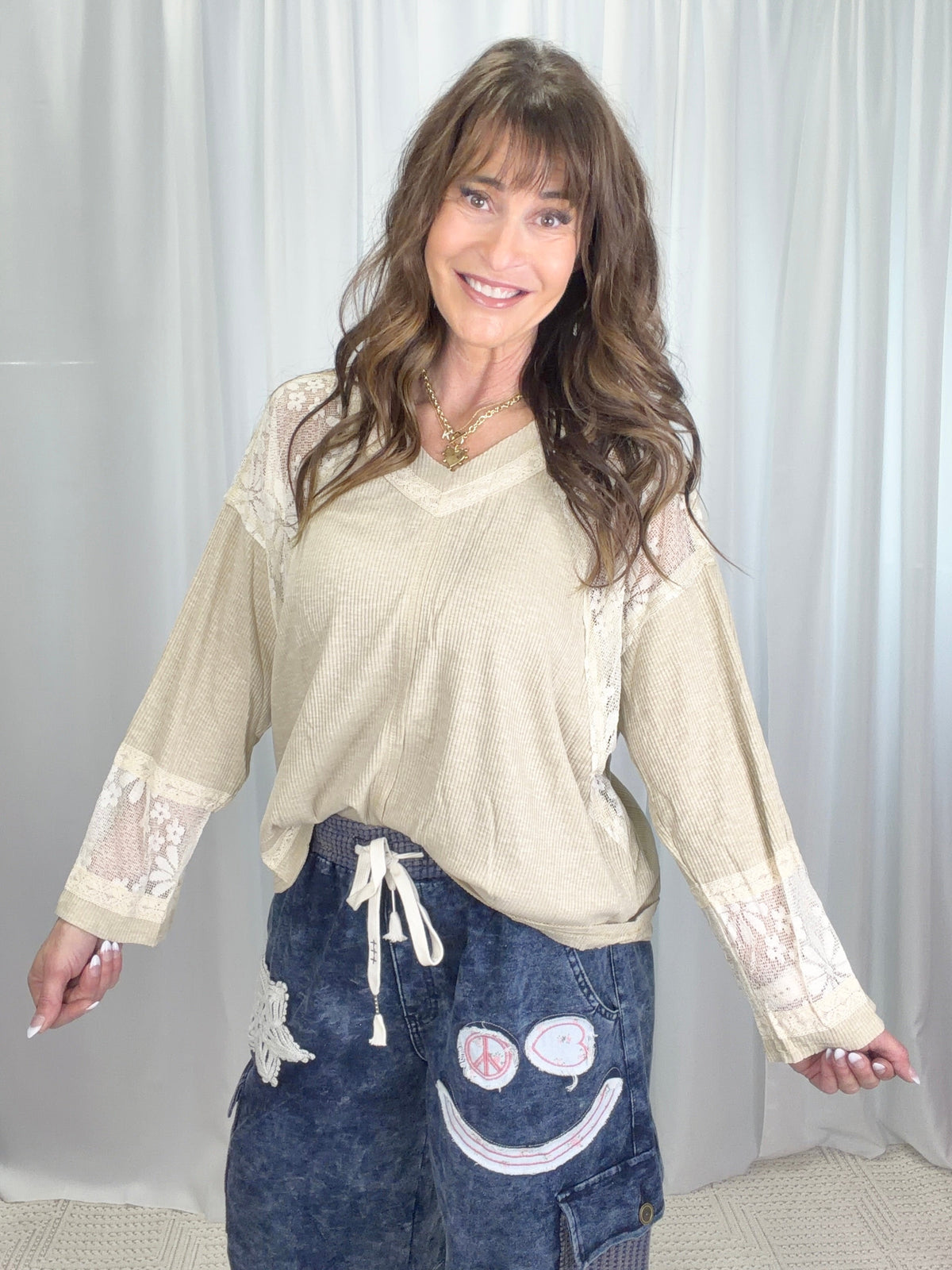 Pol Luna Lace Long Sleeve Ribbed Top In 3 Colors