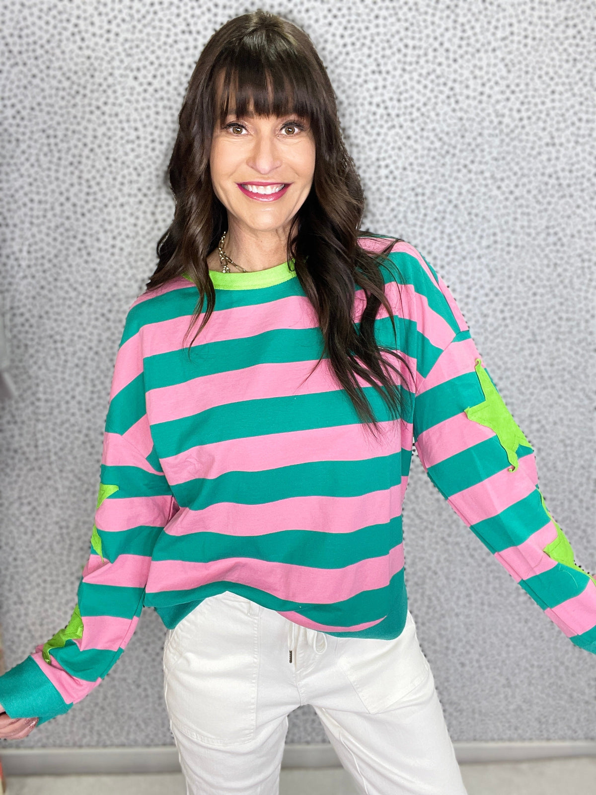 Wanna Be My Star Stripe With Star Patches Round Neck Pullover