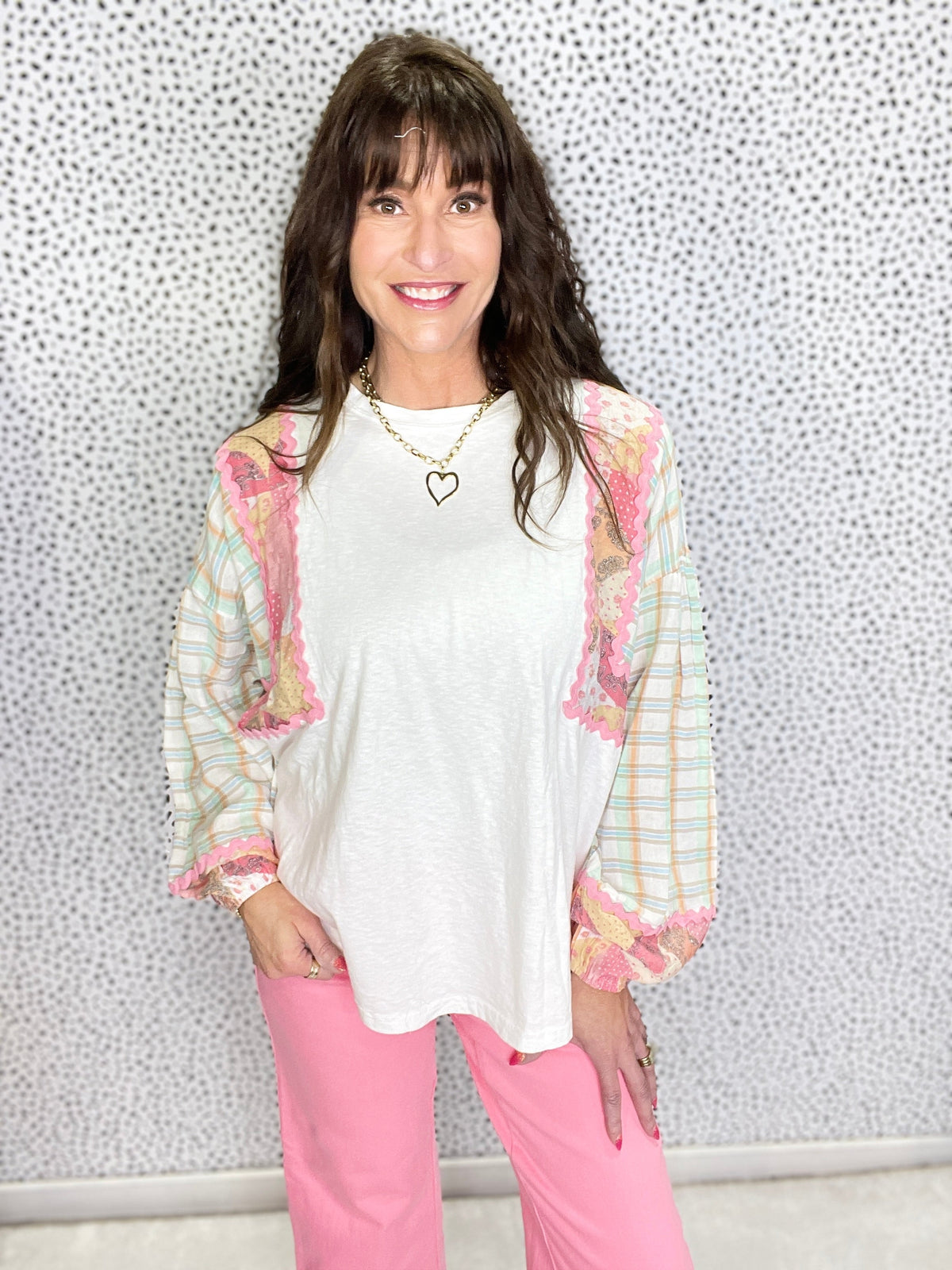 Work And Play All Day Long Sleeve Print Mix Top In 2 Colors