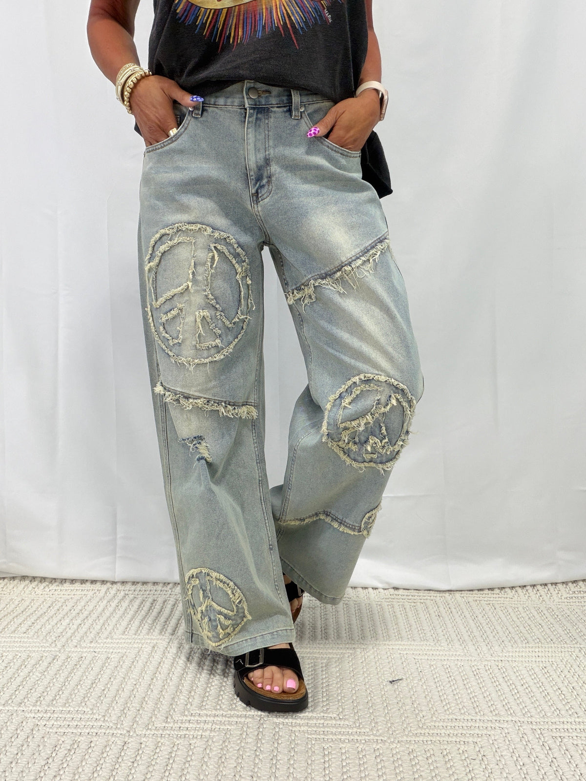 Groovy Peace Patch Jeans In Denim