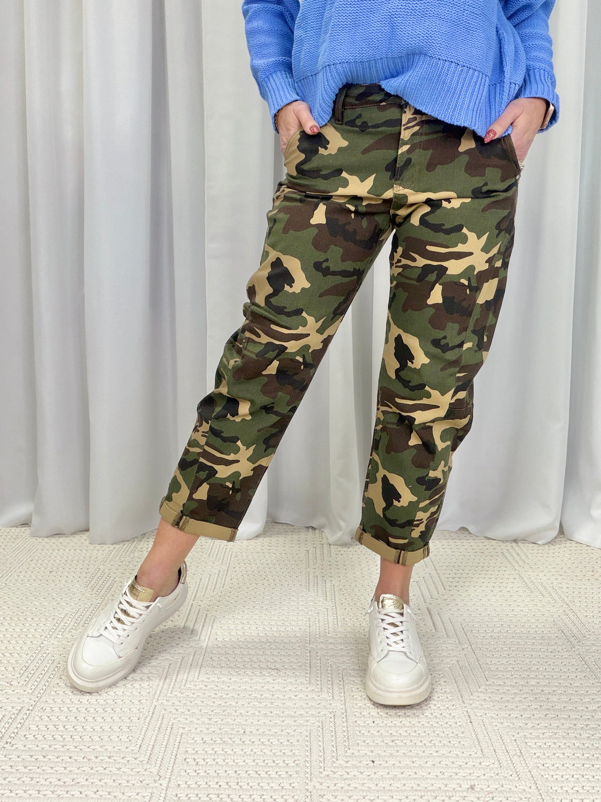 Risen Brinley Camo High Rise Ankle Barrel Double Roll Up Jeans