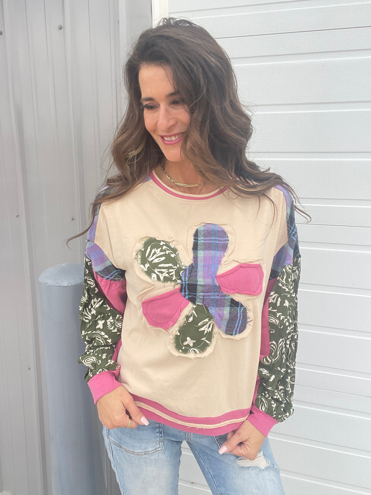 So Flowerful Flower Patch Knit Crew Neck Top In Beige