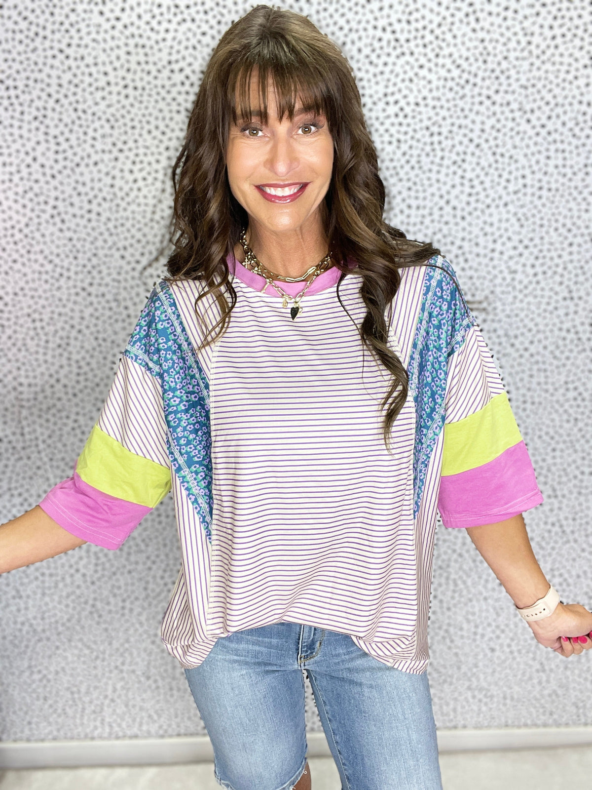Gracie P Purple Stripe Floral Color Block Raw Edge Patchwork Top