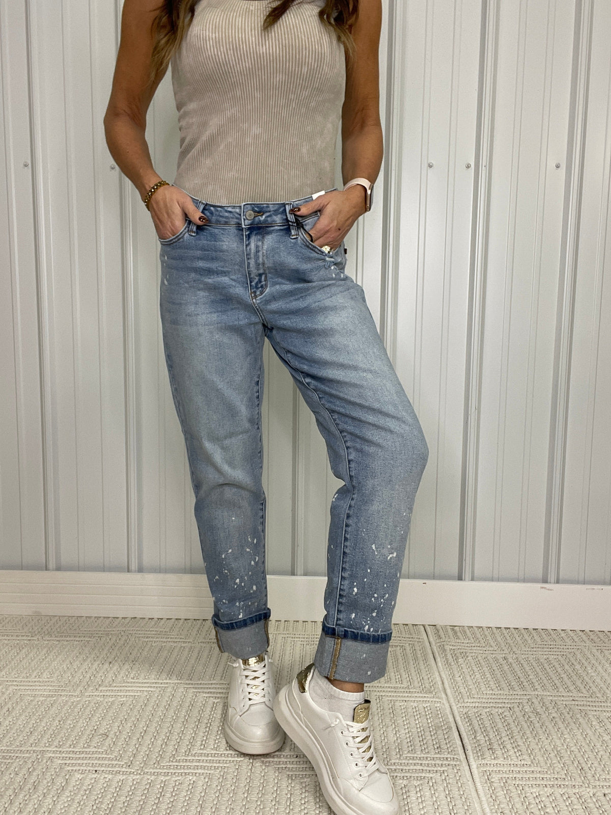 Judy Blue Victoria Bleach Splatter Single Cuff & Destroy Boyfriend Jeans 519 In Medium