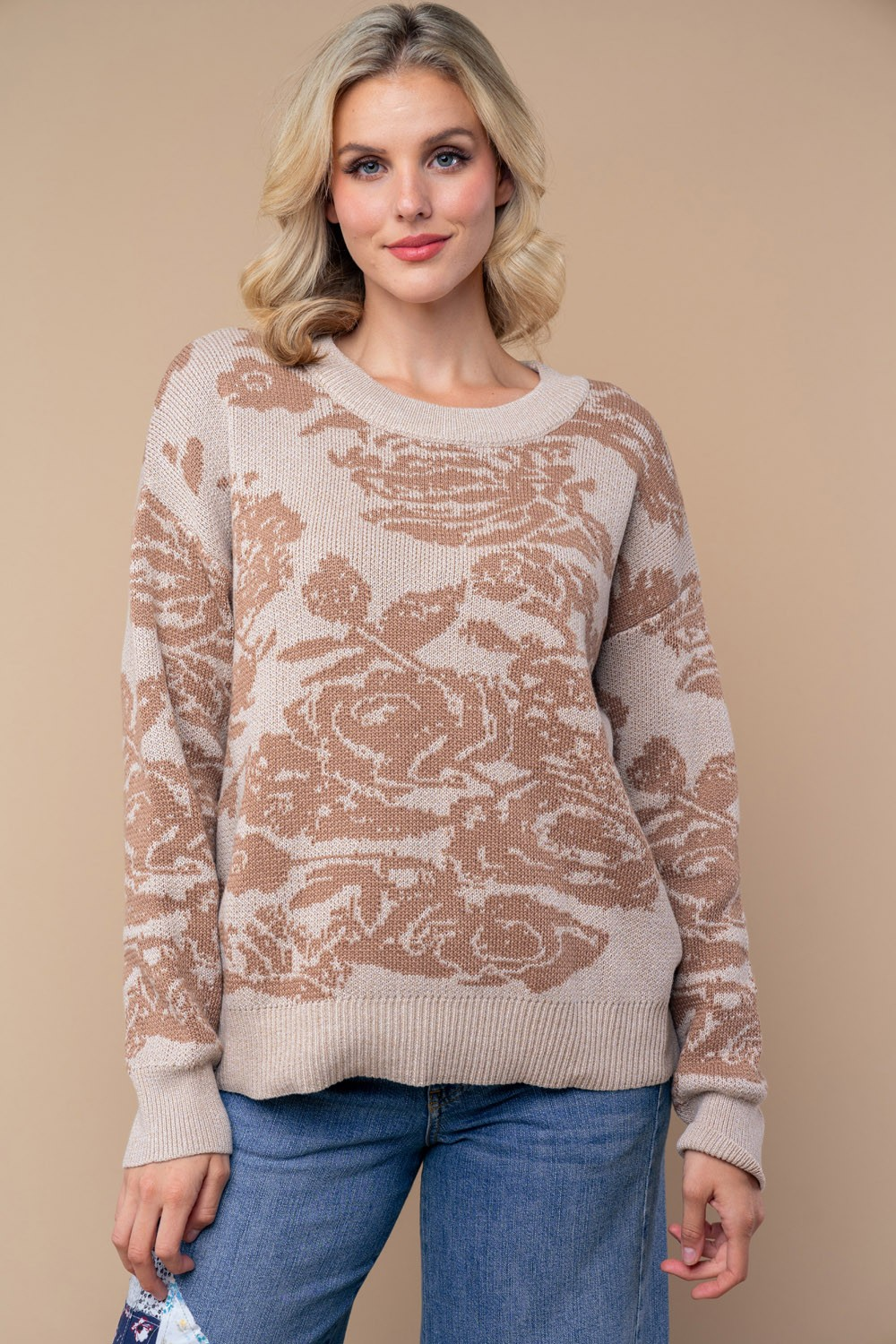 My Everything  Long Sleeve Floral Print Knit Sweater In Taupe