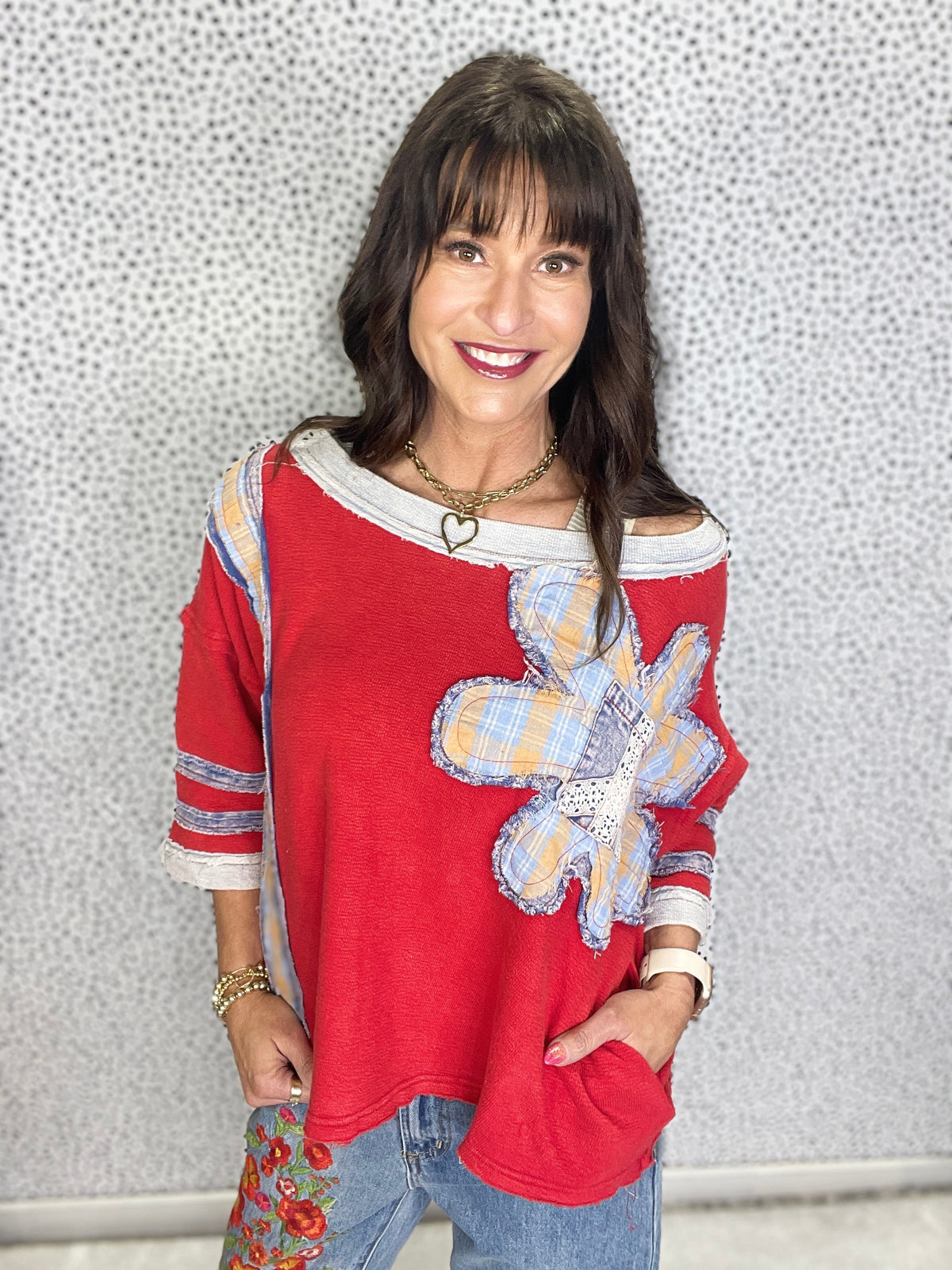 Oli & Hali Boho Bloom Patchwork Knit Top In 2 Colors