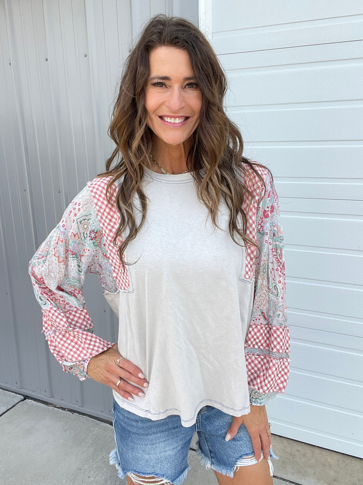 Show Me Around Mix Print Top In 5 Colors: Grey, Khaki, Camel, Olive, Mushroom *Final Sale*