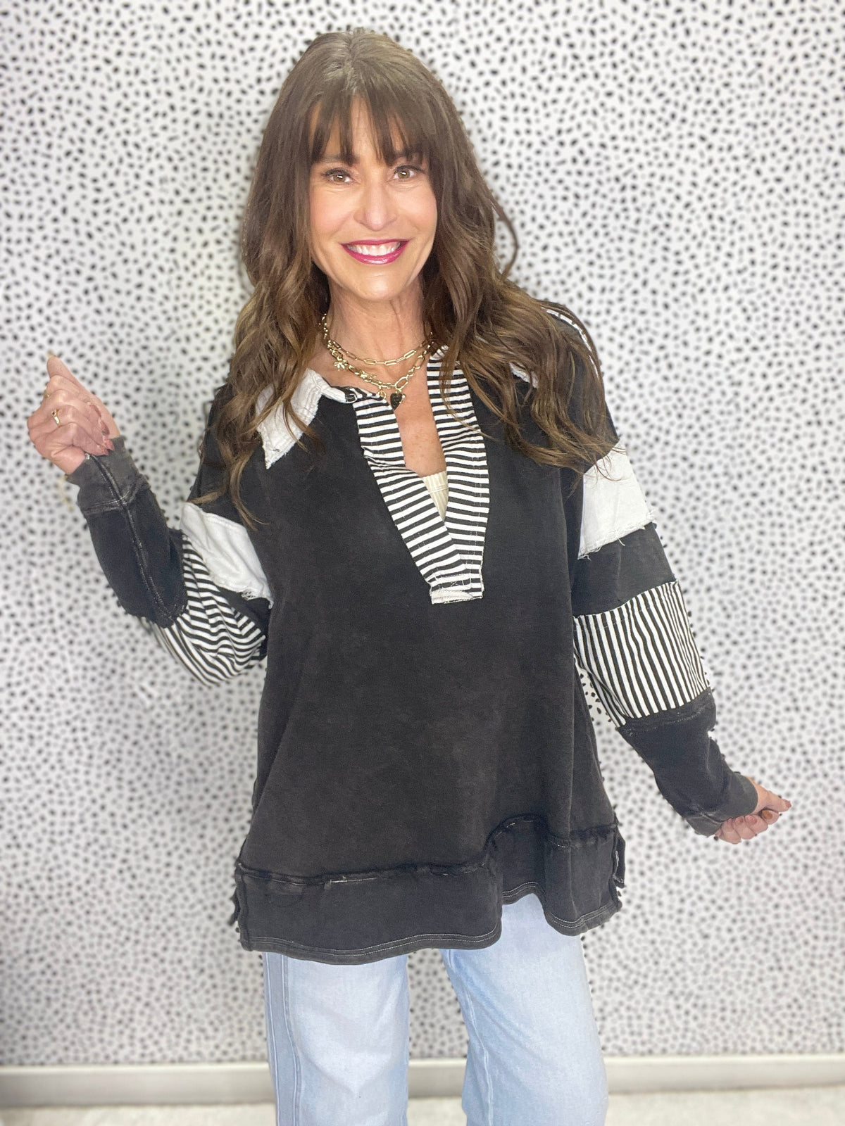 Cherished Dreams Washed Multi Fabric Collar T-Shirt In Black *Final Sale*