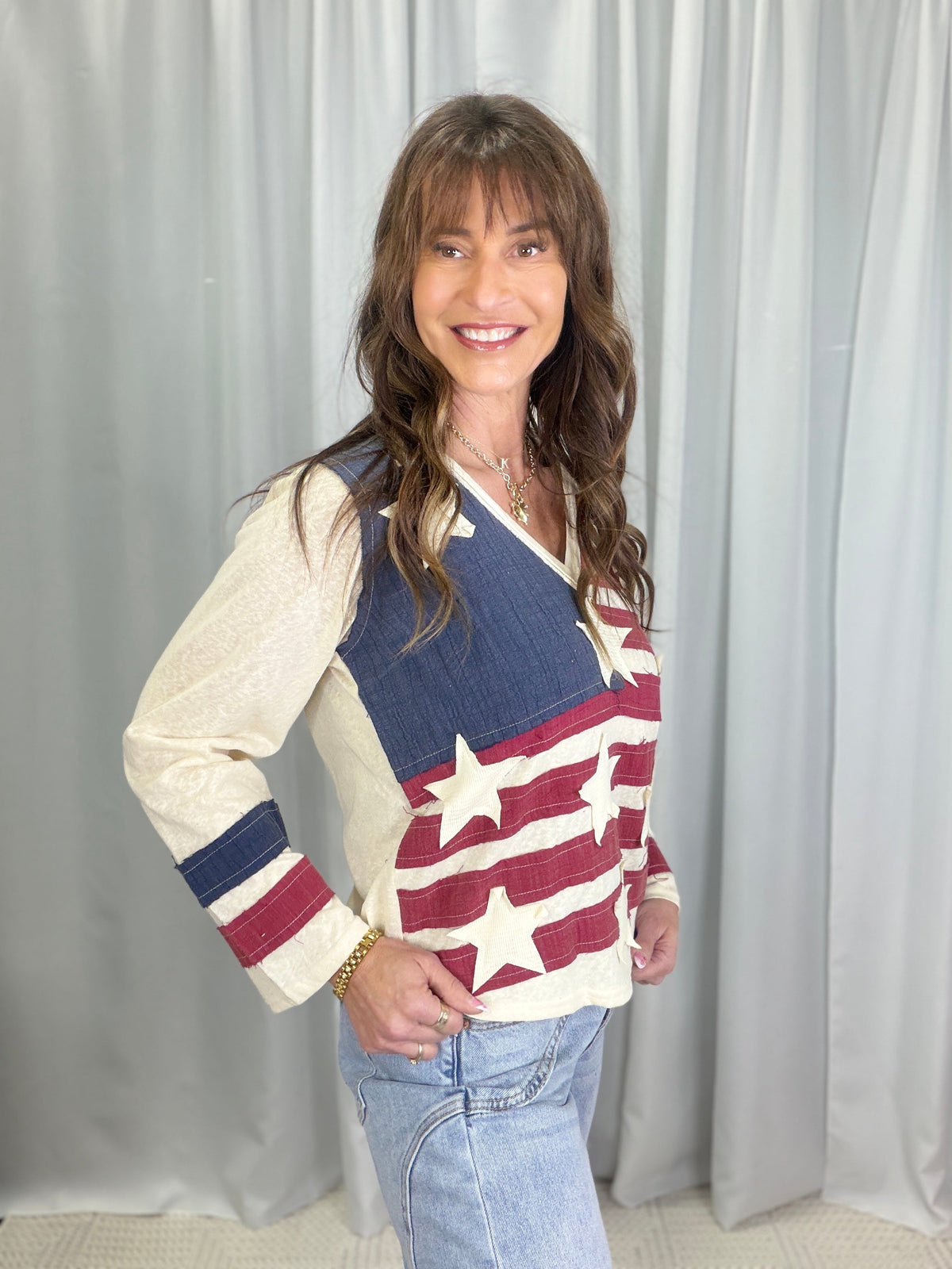 POL Born To Shine Flag Patch Top In 2 Colors