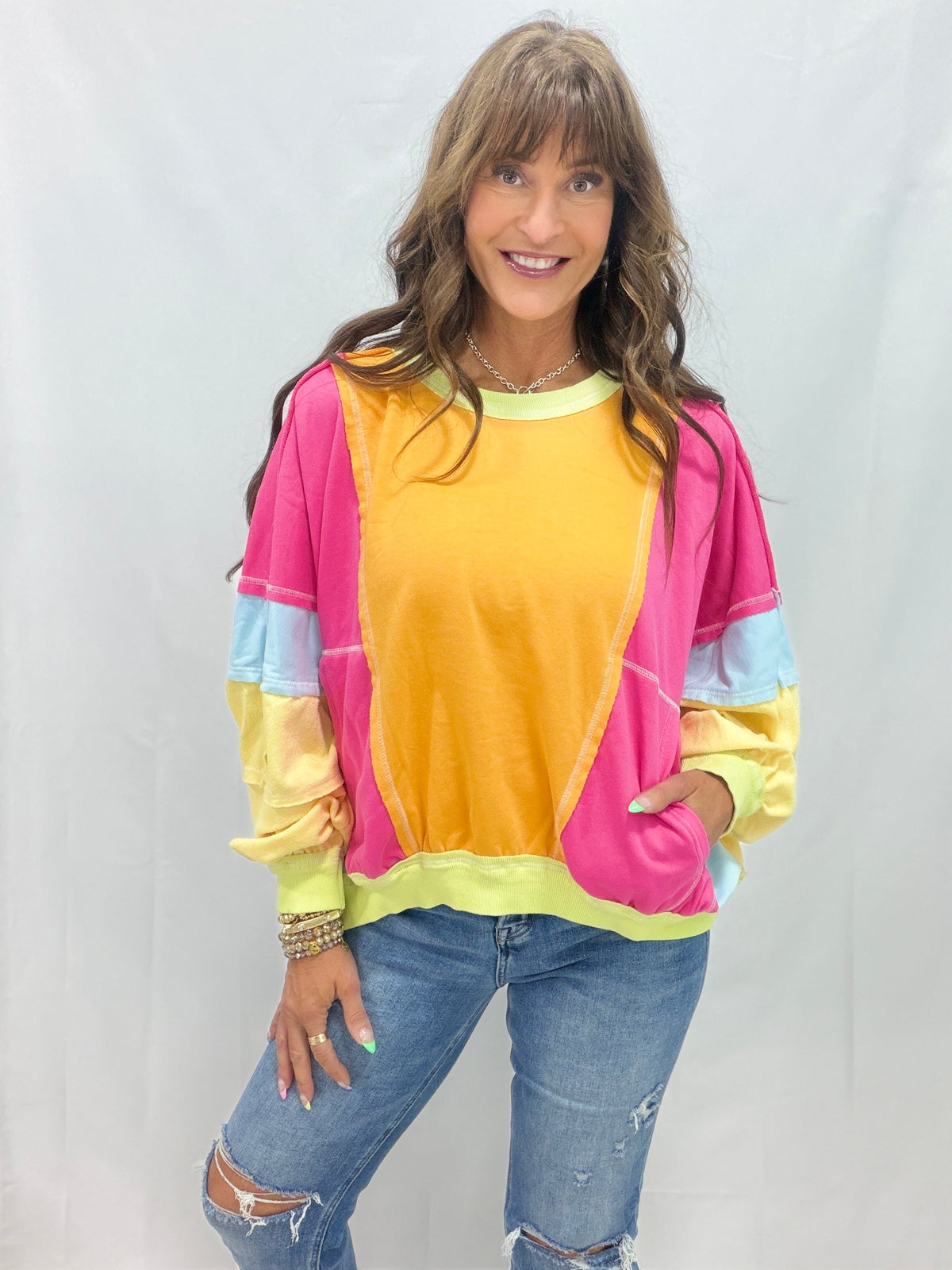 Comfy Babe Multi Color Yellow, Pink, Lime Raw Edge Terry Knit Pullover *Final Sale*