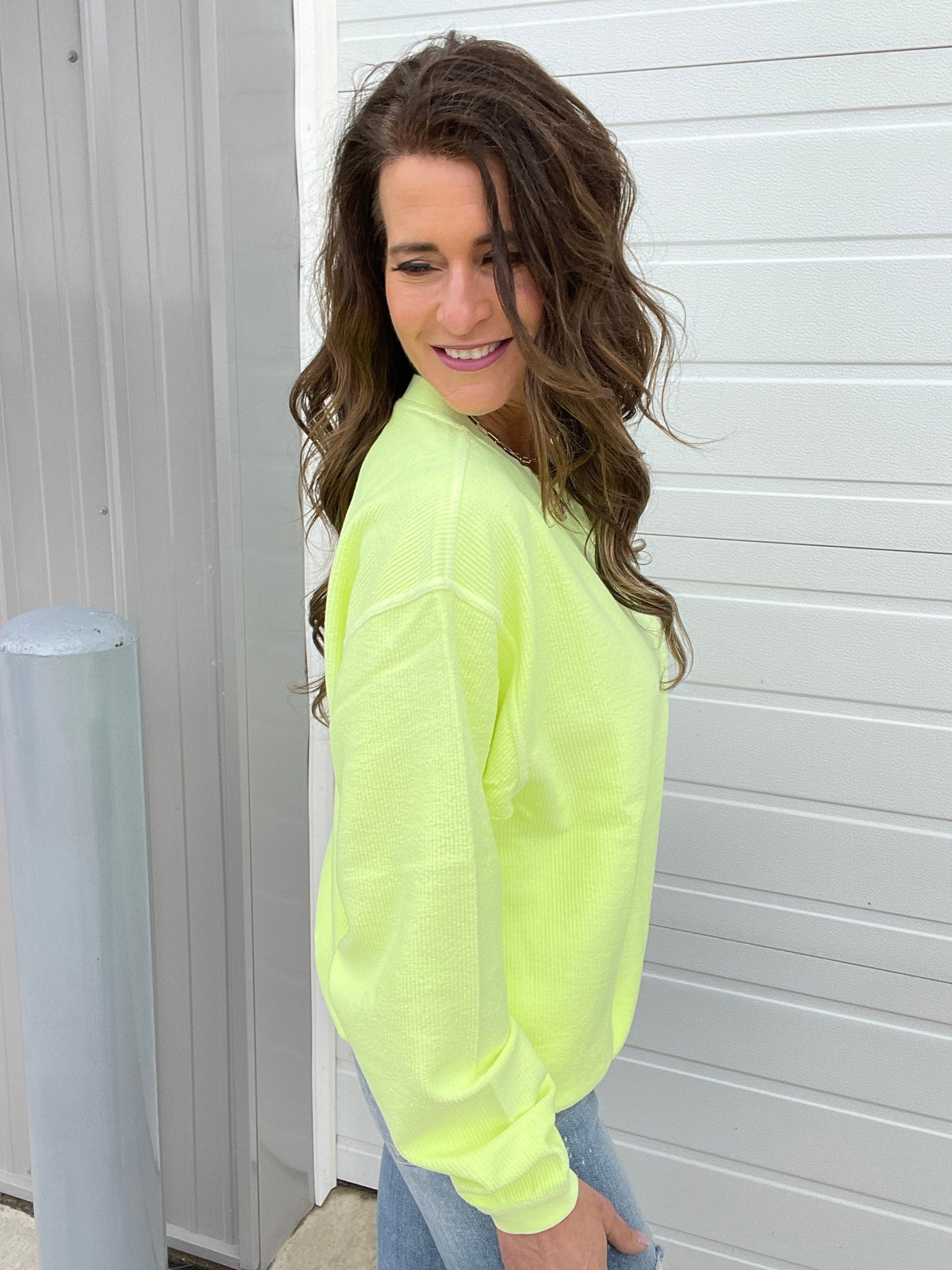 Neon Snow Washed Corded Crewneck in Neon Coral, Yellow, Pink, Lime
