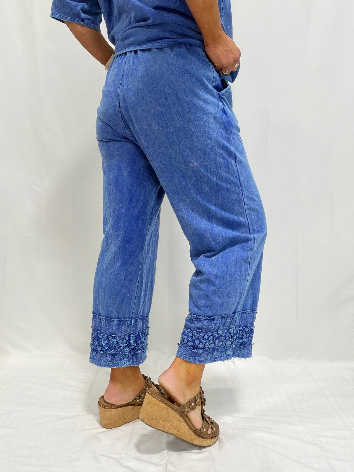 Petal Pusher Mineral Washed Floral Trim Lounge Pants in 3 Colors