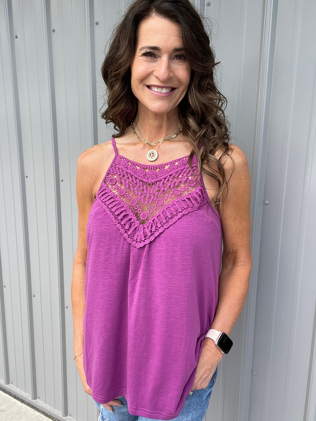 Summer Escape Lace Front Adjustable Strap Tank Top In 4 Colors: Coral Pink, Oatmeal, Violet