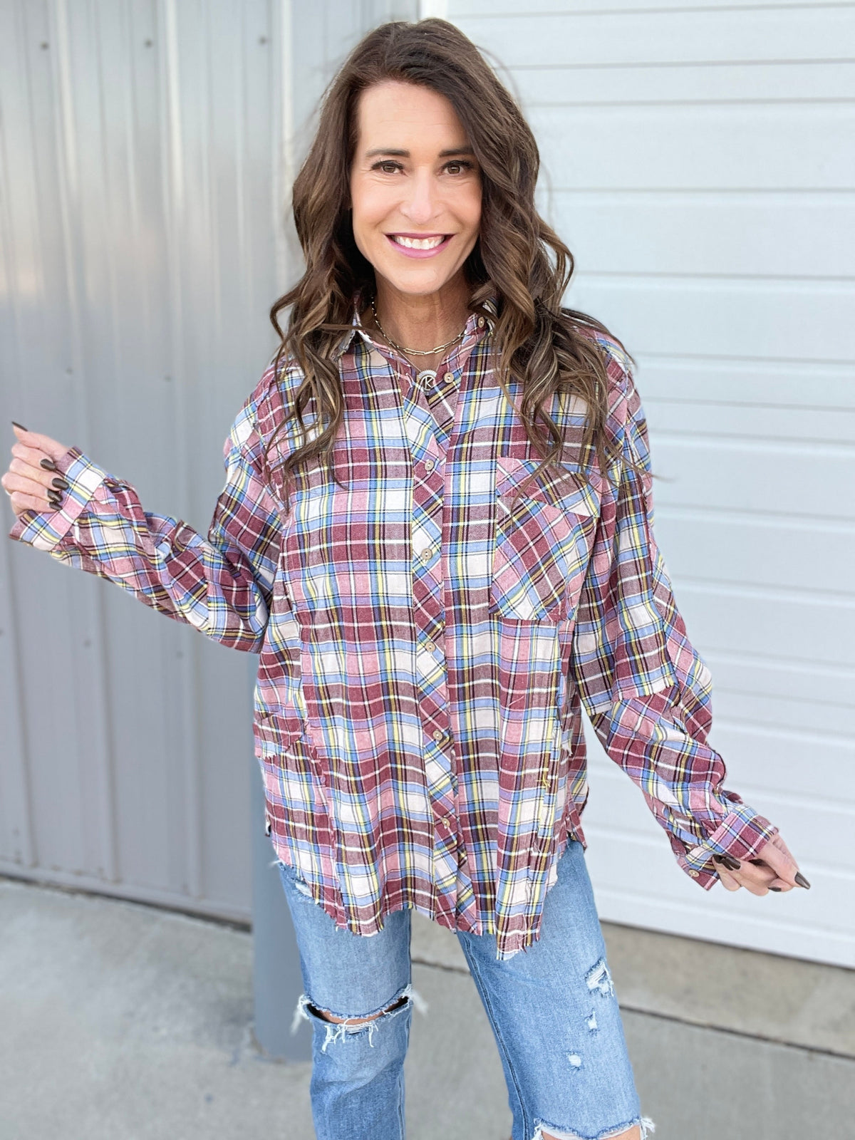 Fav All The Way Crinkled Plaid Button Front Shirt In 2 Colors