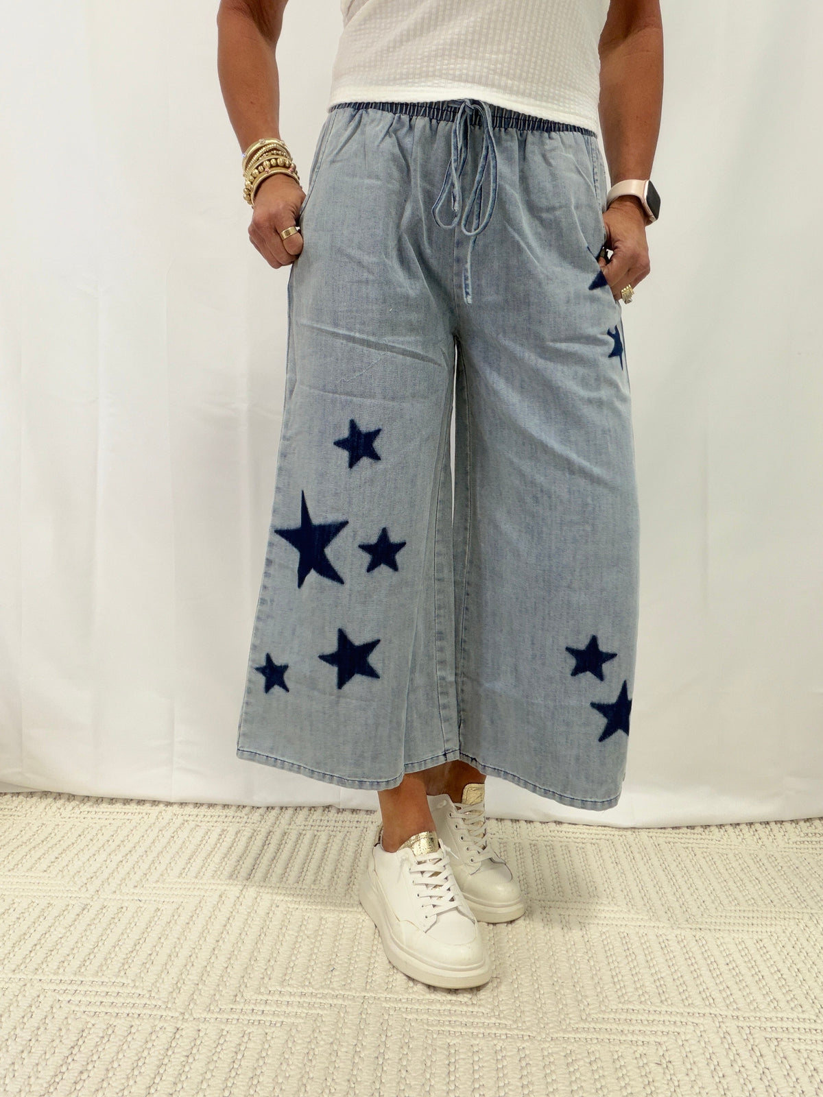 Chase My Dreams Starry Wide Leg Pants In Light Denim