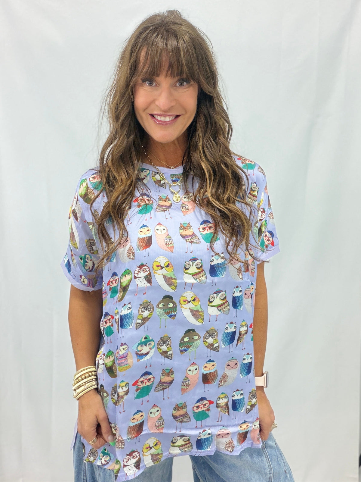 Golden Hour Glow Owl Print Loose Fit Top In Peri Blue