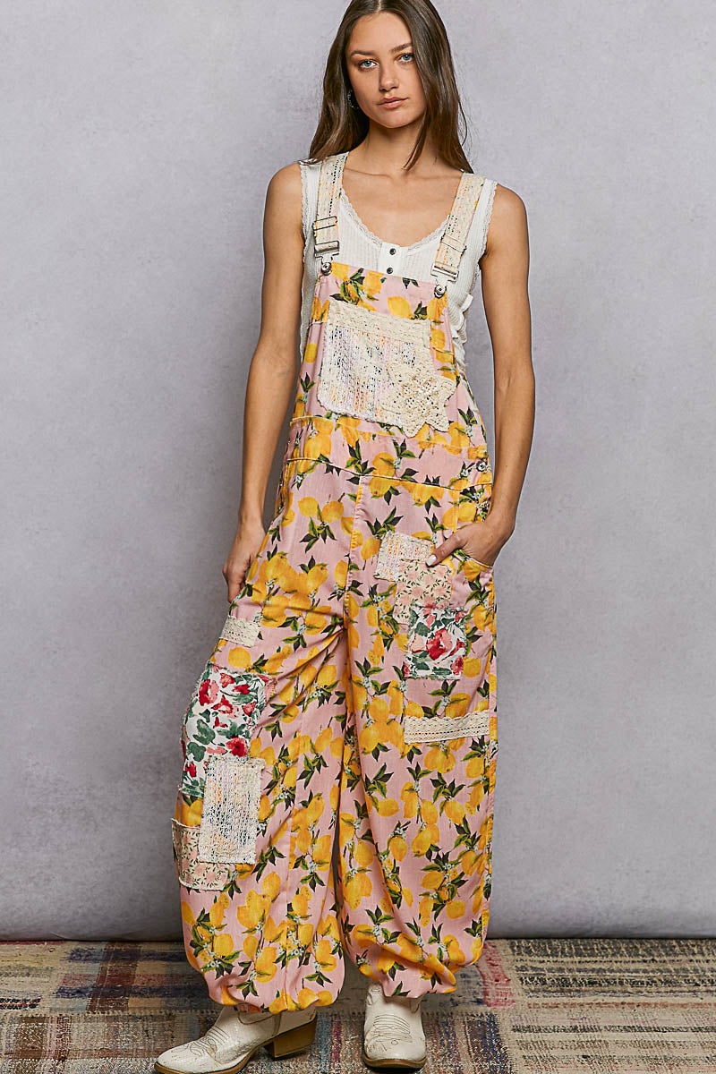 POL Roomy Fit Patchwork & Lace Overalls In Pink Multi *Final Sale*