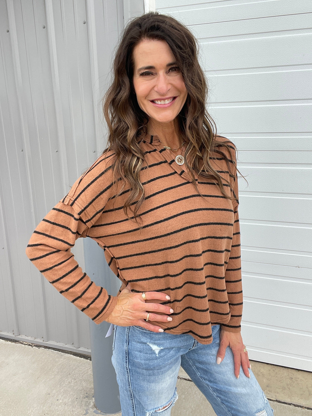 Coming True Long Sleeve Striped Top In Brown *Final Sale*