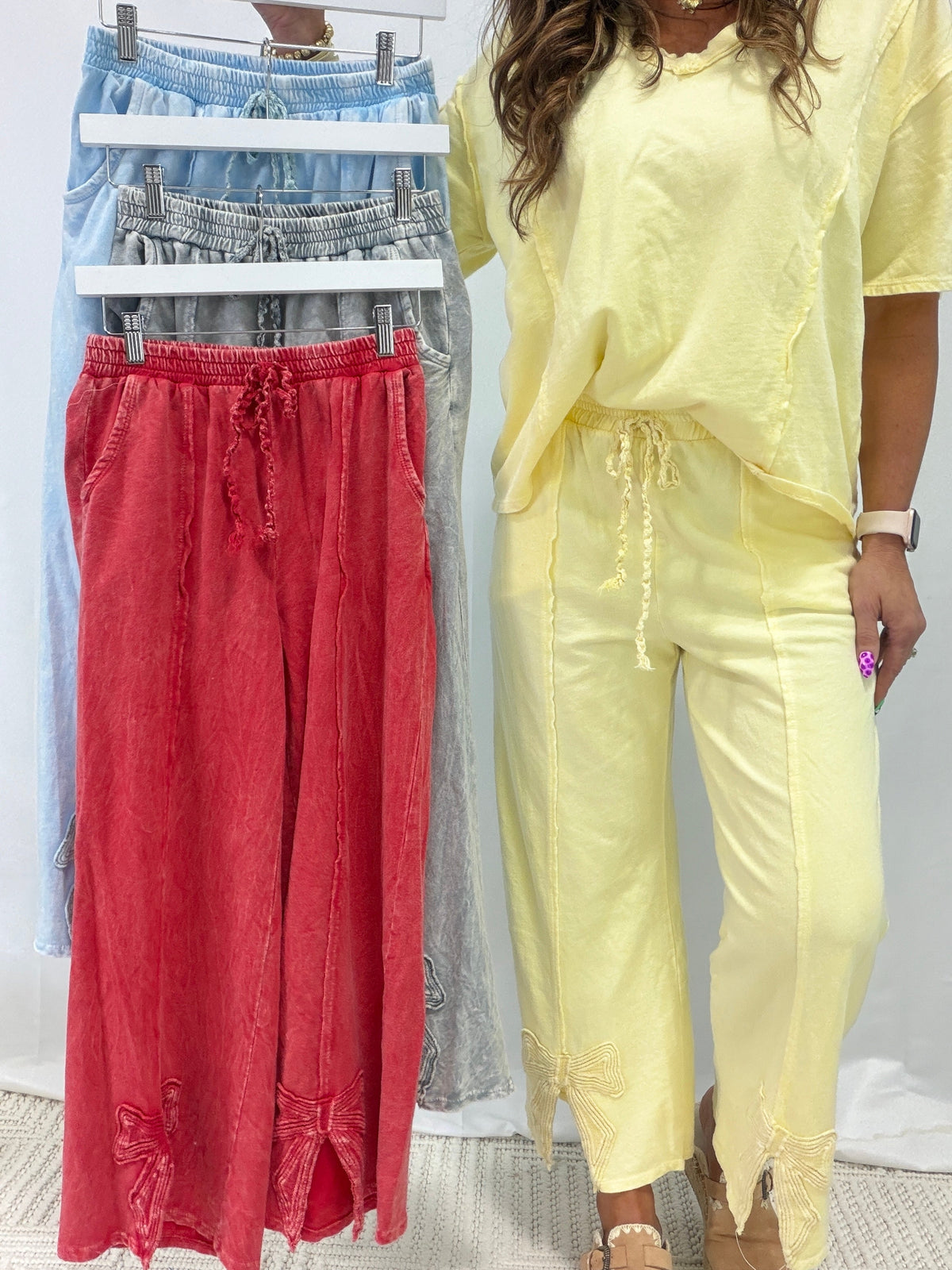 Charmed By Bows Mineral Washed Slit Pants In 6 Colors