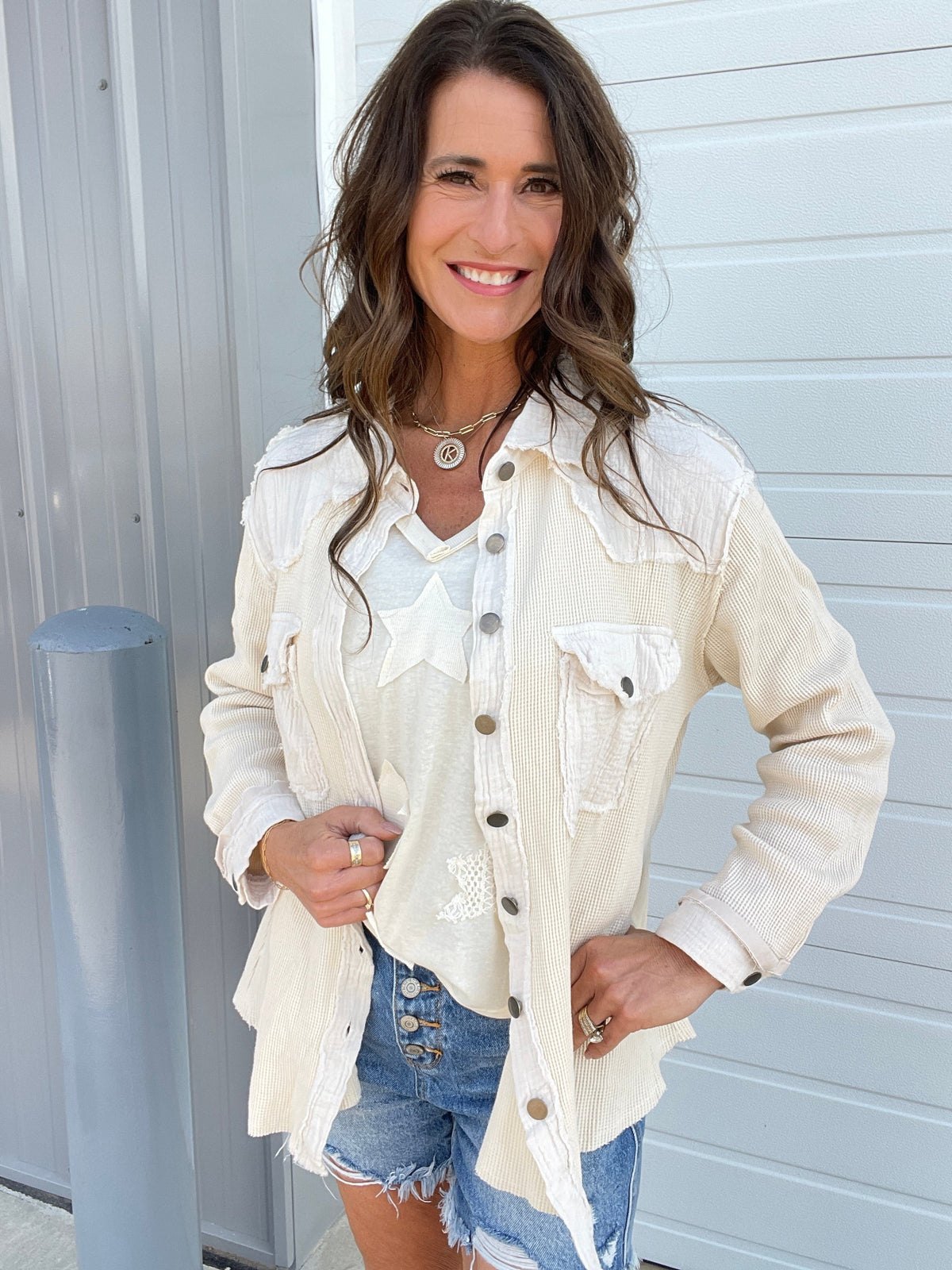 Pol Ready Set Go Thermal Knit And Gauze Button Front Shirt In 3 Colors: Ivory, Navy, Olive *Final Sale*