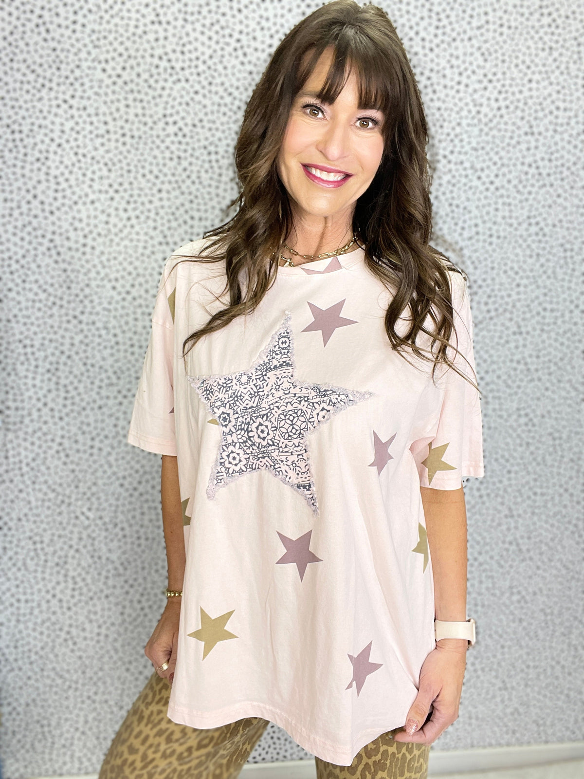 Starry Eyed Washed Star Patch And Print Knit Top In 4 Colors
