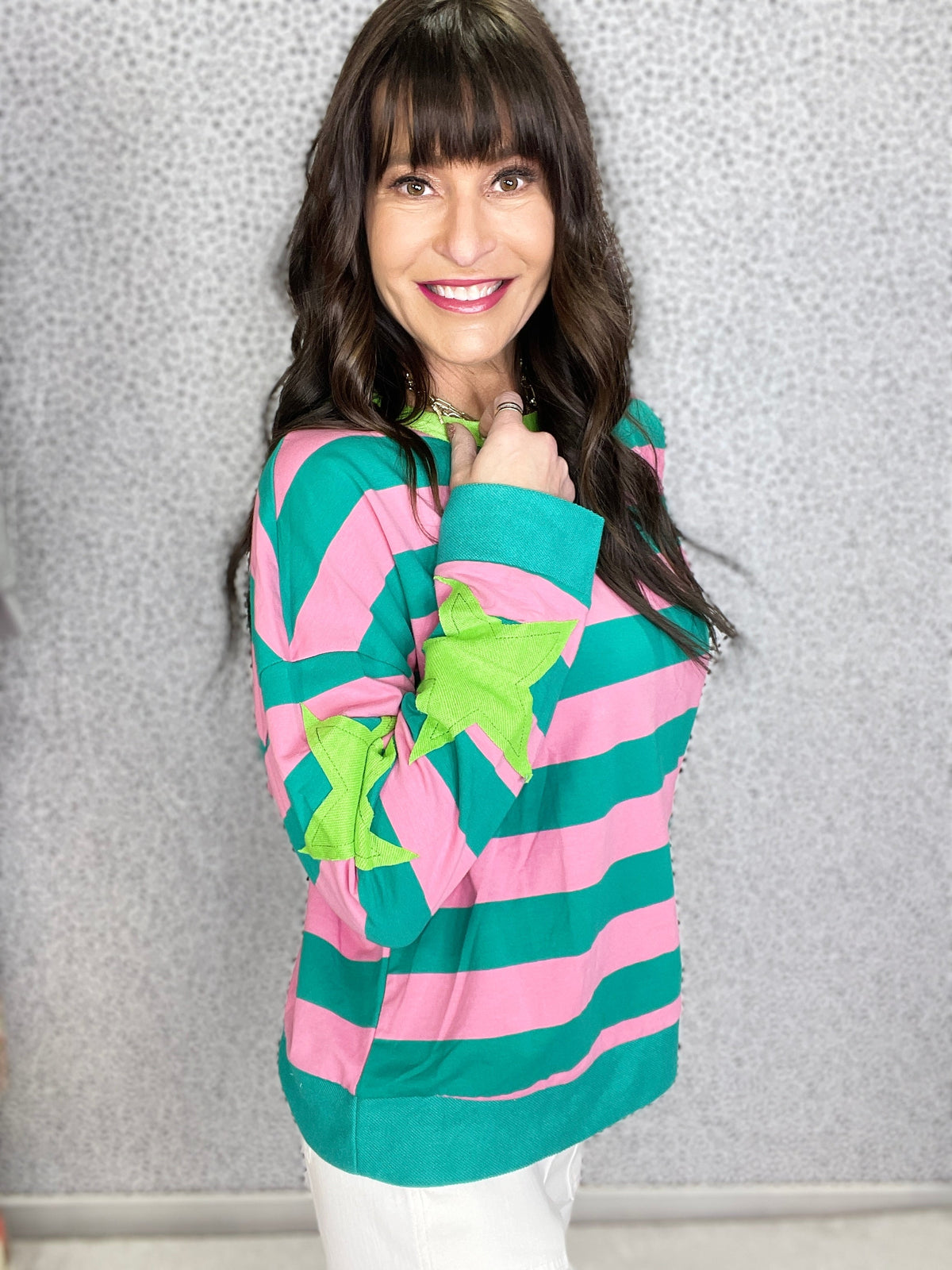 Wanna Be My Star Stripe With Star Patches Round Neck Pullover