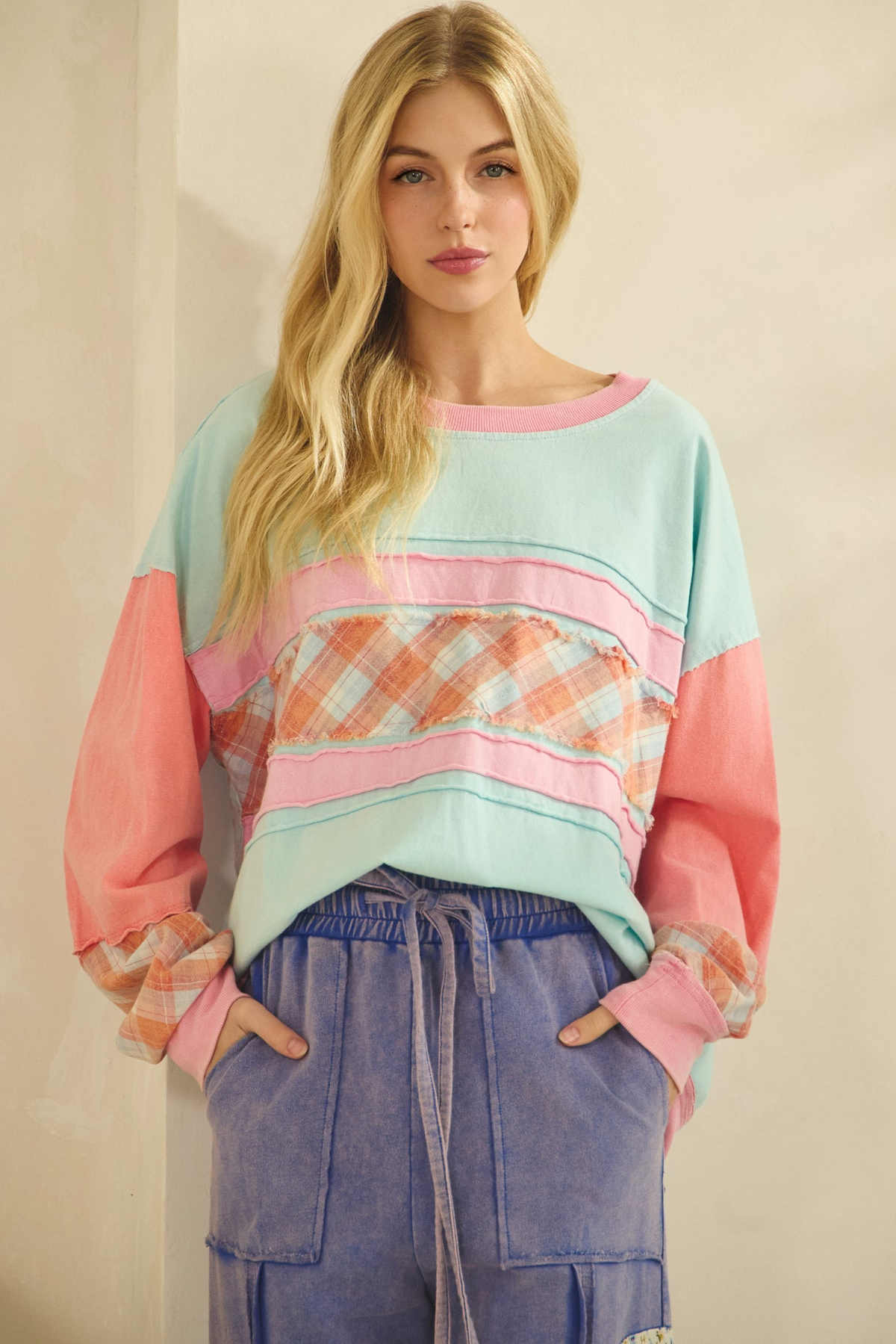 In And Out Of The Beams Plaid Patchwork Top In Multi