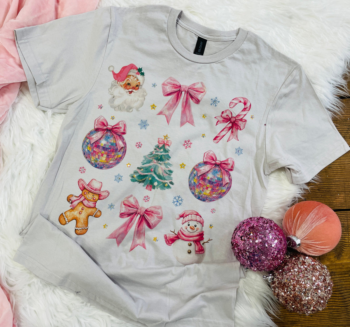Santa, Bow, Candy Cane, Disco Ball Bling Tee