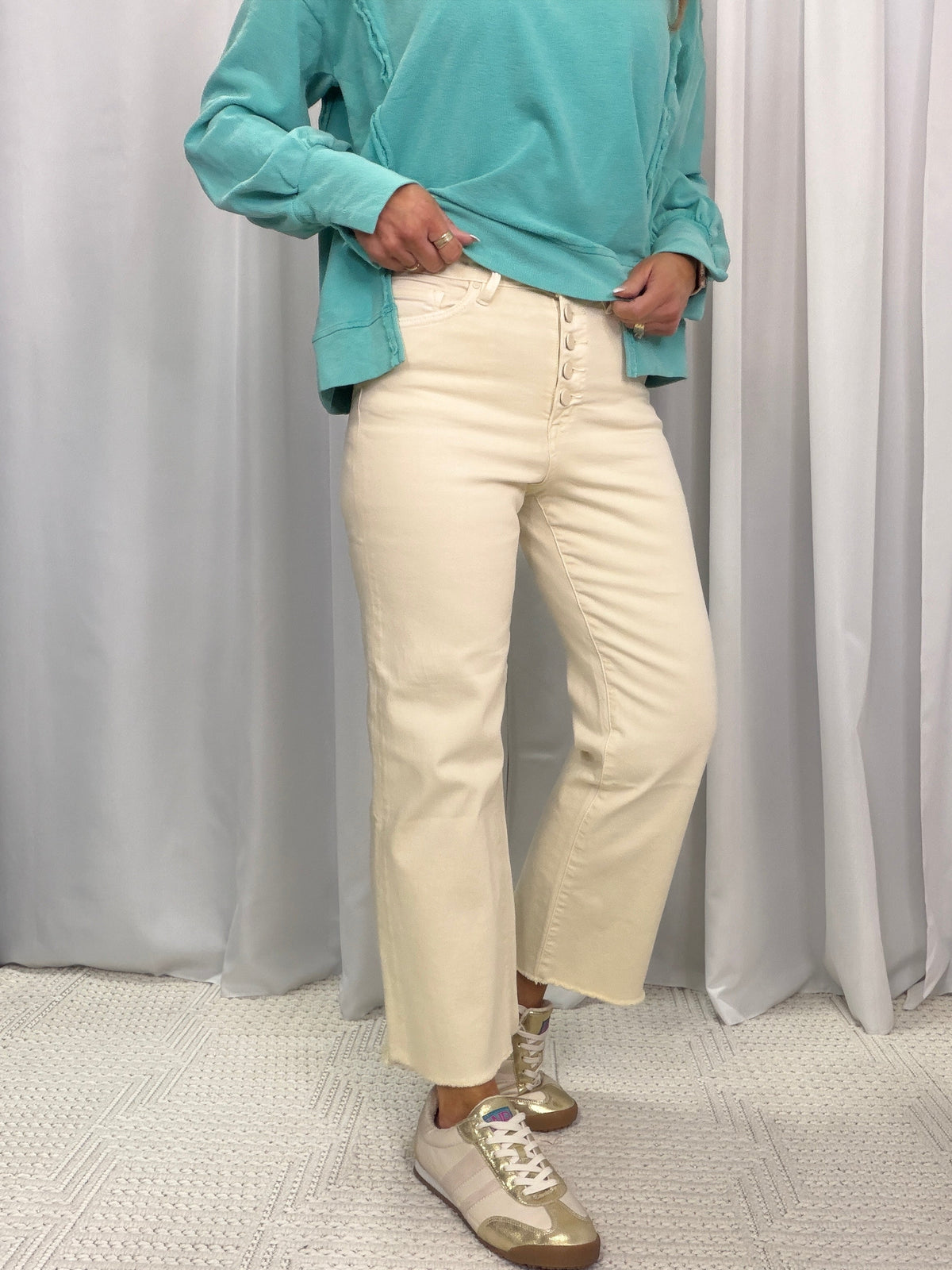 Mica Cream Wash High Rise Button Front Wide Crop Jeans 304 *Final Sale*
