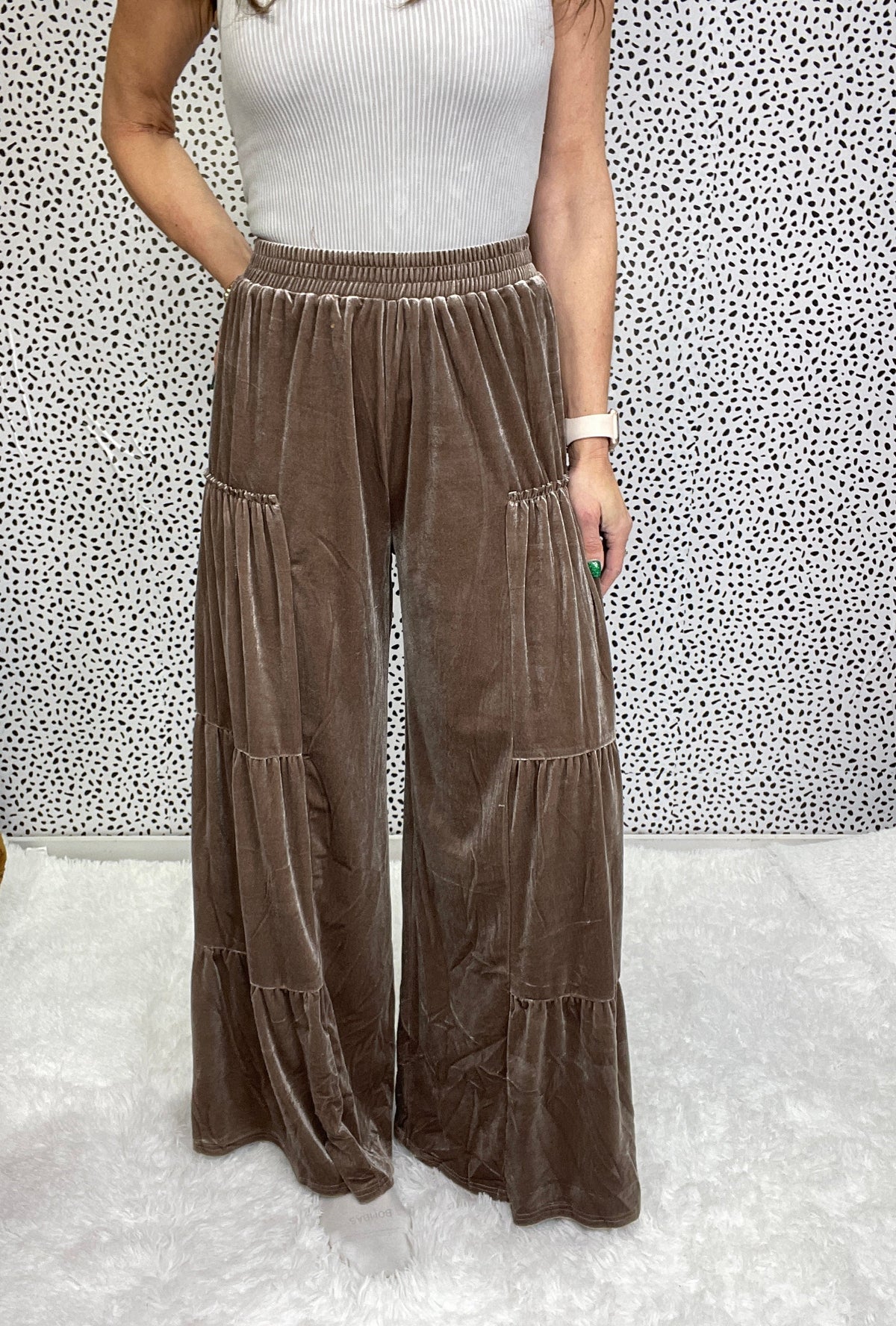 Do It Right Velvet Tiered Wide Ruffle Pants In 2 Colors *Final Sale*