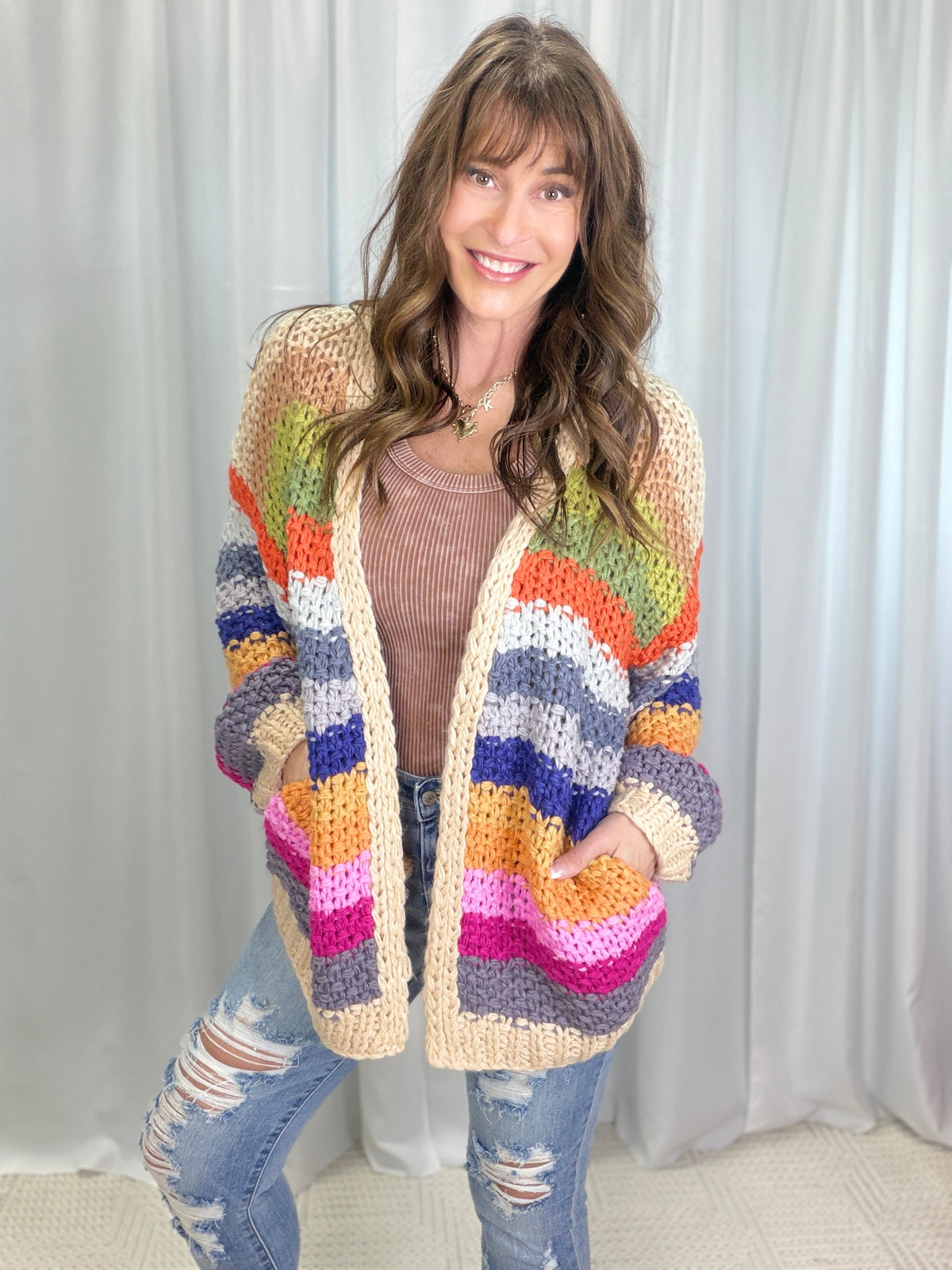 Colorburst Basketweave Cardigan in Cream