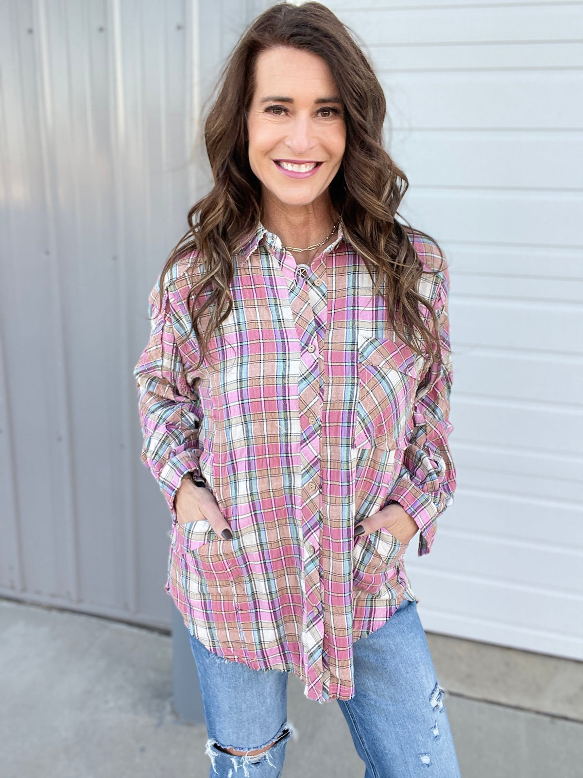 Fav All The Way Crinkled Plaid Button Front Shirt In 2 Colors
