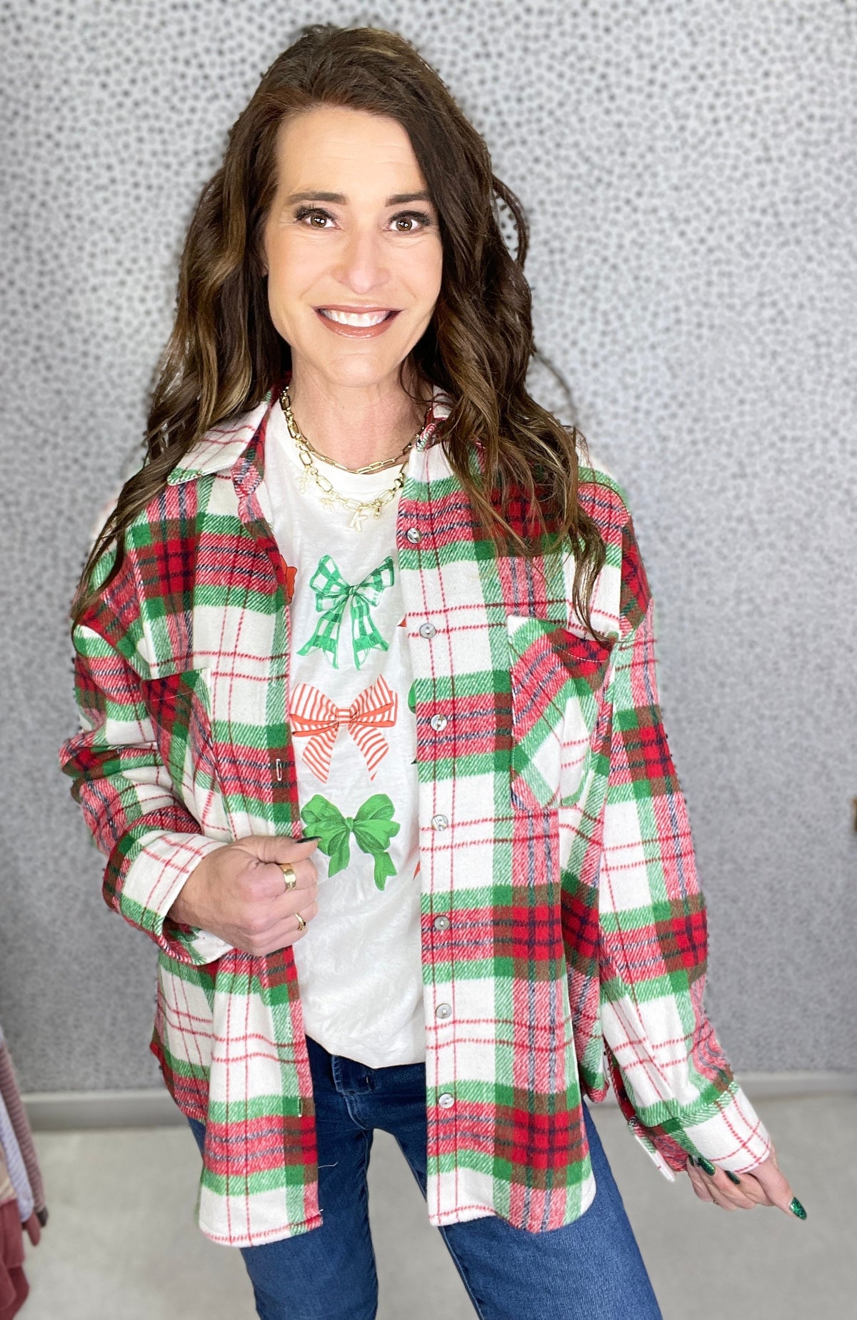 Holiday Plaid Front Pocket Oversized Shirt Jacket