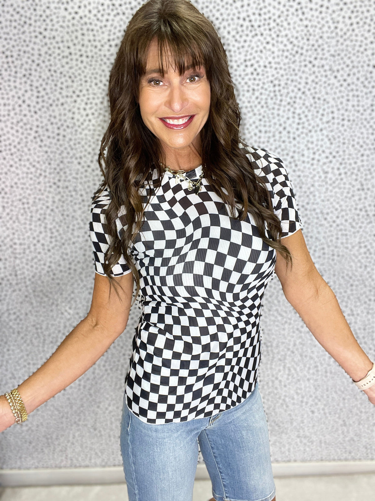 Gracie P Black Checker Mesh Crew Neck T Shirt