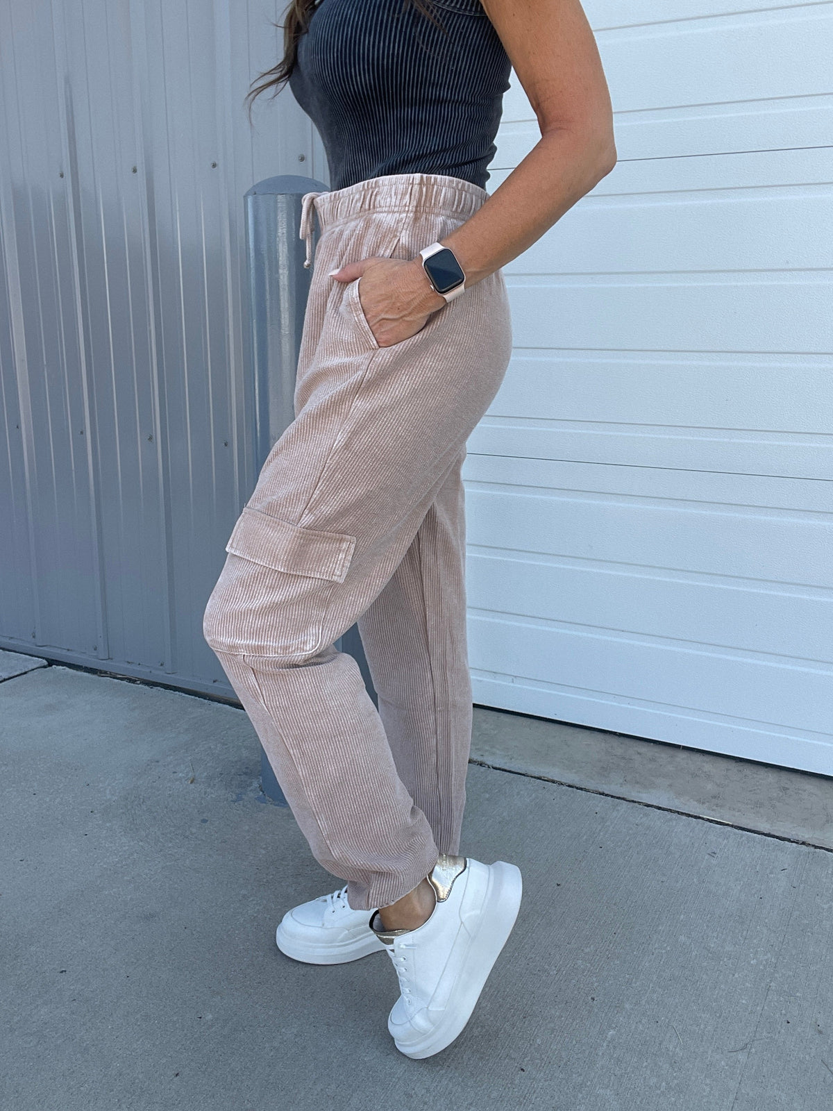 Corded Snow Washed Relaxed Jogger In 3 Colors: Black, Light Mocha, Light Purple
