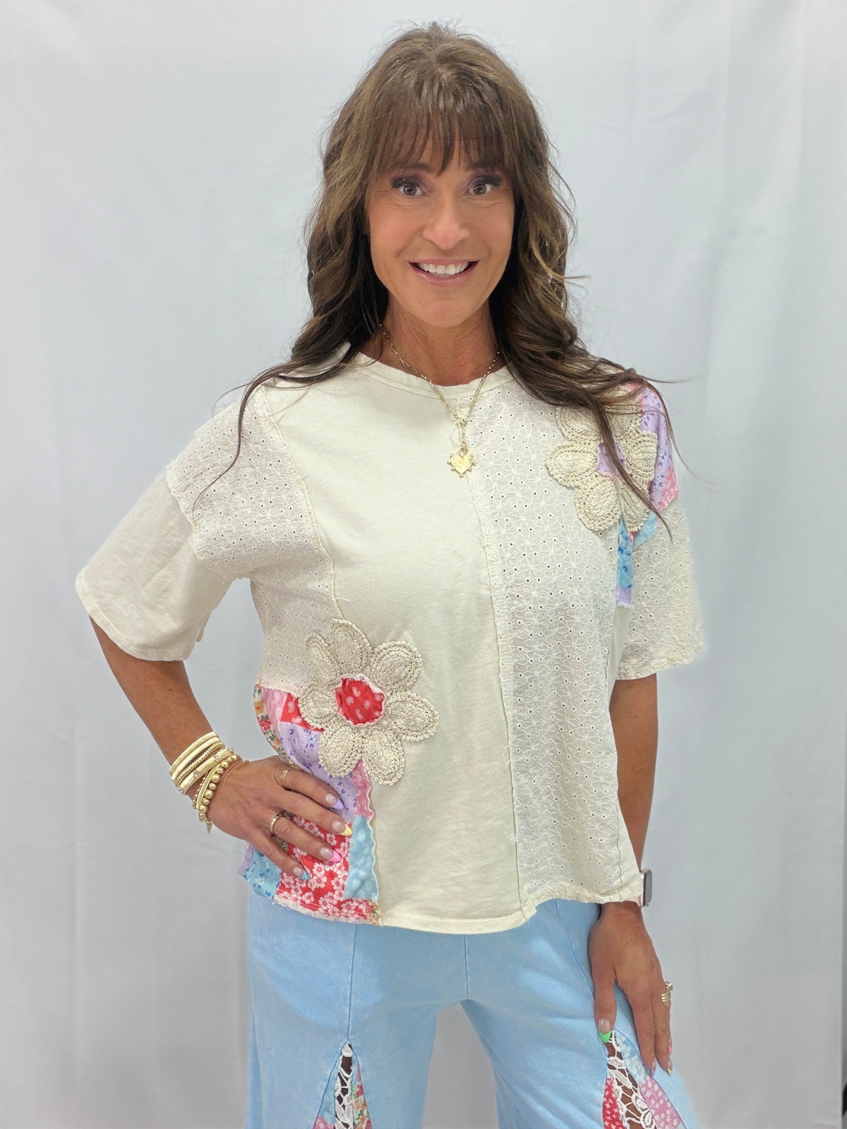 Flowerchild Mineral Washed Patchwork Eyelet Blouse In 4 Colors
