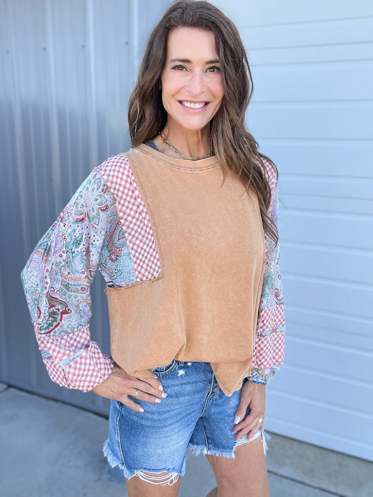 Show Me Around Mix Print Top In 5 Colors: Grey, Khaki, Camel, Olive, Mushroom *Final Sale*